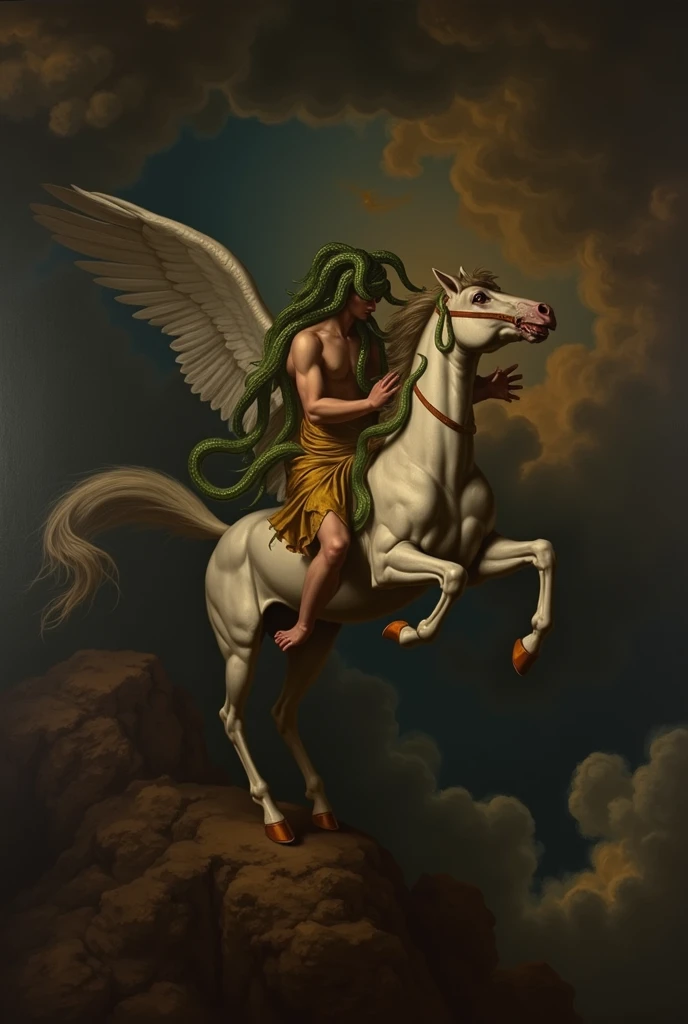 Baroque painting of the beheaded Medusa, Without head, mounted on her pegasus horse, flying 