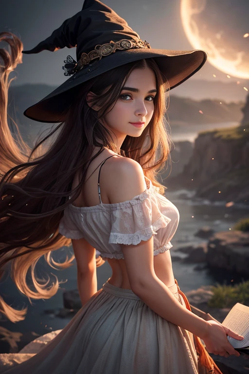 photorrealistic, 35mm, details Intricate, HDR, details Intricate, hyperdetailed, natural skin texture, Hyper-Realism, Spitz, 1 girl, grown-up (elvish:0.7) Woman, freckles, grey-eyed, layered brown hair, portraite, looking to the down, standing alone, half shot, detailed back ground, witch hat, witch, magical atmosphere, hair loose in the wind, light red cropped clothes, Whirlwind of magic spells in the air, black art, (magic swirl style:0.8), floating particles,a beautiful young woman of 21 years old with bright eyes that shone with the color of knowledge and a smile that conveyed joy, a sculpted body., sharp focus, extremely detailed 8K, HIGHEST QUALITY, gazing at viewer. Off-the-shoulder shirt , She's a realistic sexy