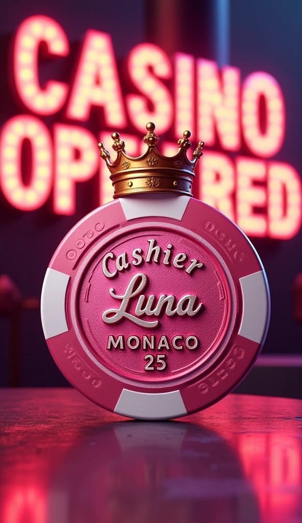 A surprising 3d casino chip in pink with diamond pearlescent with a crown on top of the chip and say in the center of the chip "Cashier Luna" and in the background a striking "Casino open" with bright letters say "Red Monaco 25", 3D rendering, illustration, poster, vibrant