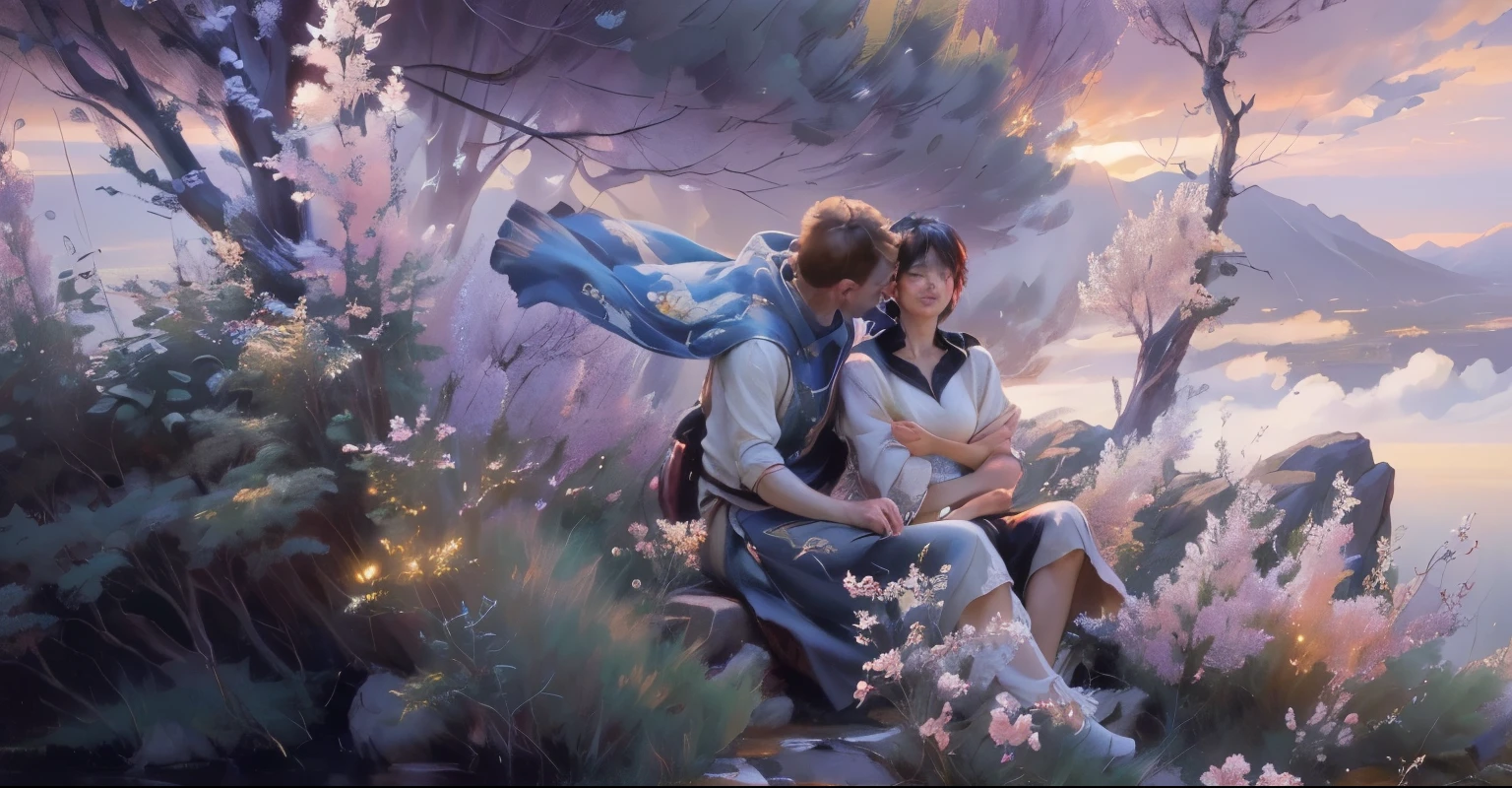 A painting of a man holding a woman, both sitting on a hill., A beautiful artistic illustration, Moebius and Xin Haicheng, makoto shinkai and (cain kuga), makoto shinkai and bioware, advanced digital anime art ”, Gurvitz and Makoto Shinkai, Digital Concept Art插图, Produced in collaboration with Anime Painter Studio, Digital Concept Art