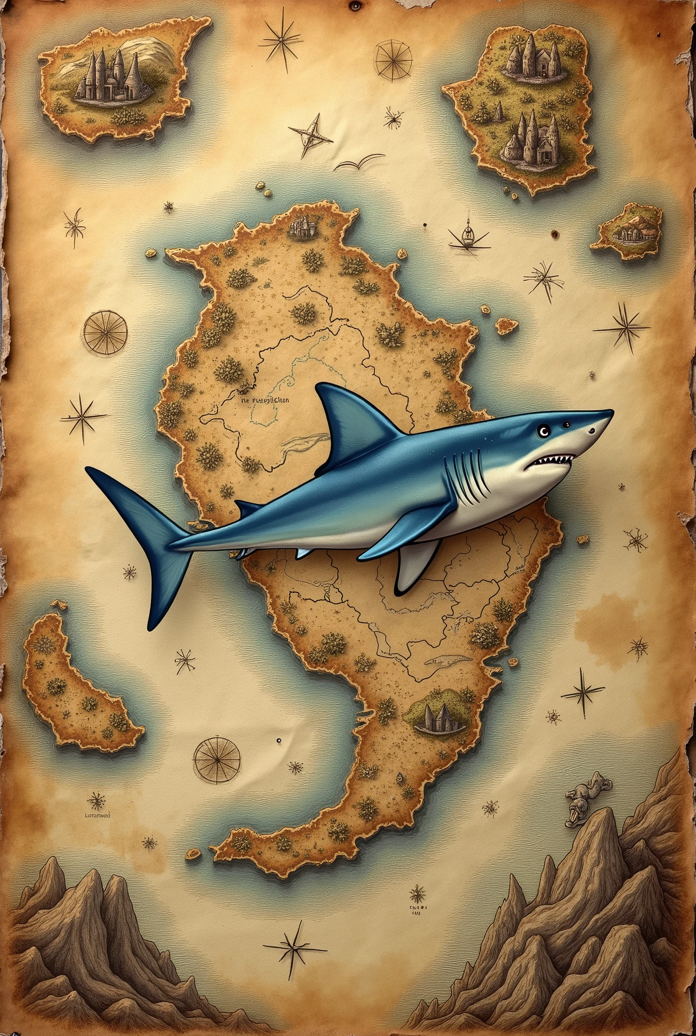 Create a photorealistic image of an ancient treasure map with details like aged parchment, frayed edges, and signs of wear. Instead of the traditional red "X" marking the treasure spot, replace it with a detailed, realistic image of a shark. The shark should be integrated into the map, perhaps positioned in a strategic area like an island or a distinct geographical feature. Add additional elements like trails and nautical symbols to enhance the authenticity and charm of the map. remove the heart shape from the map and make the shark smaller