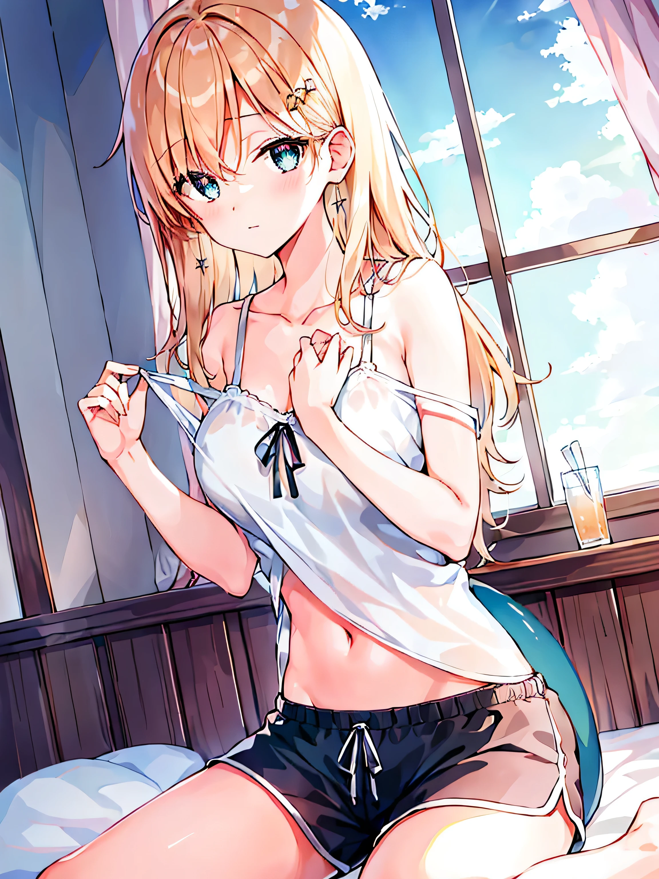 (masterpiece:1.2), best quality, high resolution, Unity 8K wallpaper, (illustration:0.8), (Beautiful and delicate eyes:1.6), Extremely detailed face, Perfect lighting, Extremely detailed CG, (Perfect hands, Perfect anatomical structure),1 girl, , Solitary, , Black_shorts, Play_, Purple_With eyes, shorts, Lopez,gold_hair, Double tail, hair_deco, fail, fail_, blush, curtain, sit, Sweating, Dutch Cupola_Cupola, indoors, fail_Play_, _Shoulder, band_Clip Slip, By Bangs, Deactivate_beak, star_(Symbolism), _top, short_shorts, star_hair_deco, window, V-shape_Eyebrows are very, clavicle, vague, Large_, _Clip Slip, Ahog, dolphin_shorts, Play_Plays, vague_background, Jewel-like, Side lock, White__top, varies through, shirt, short_Double tail, breast,nipple,underwear,White_shirt,
