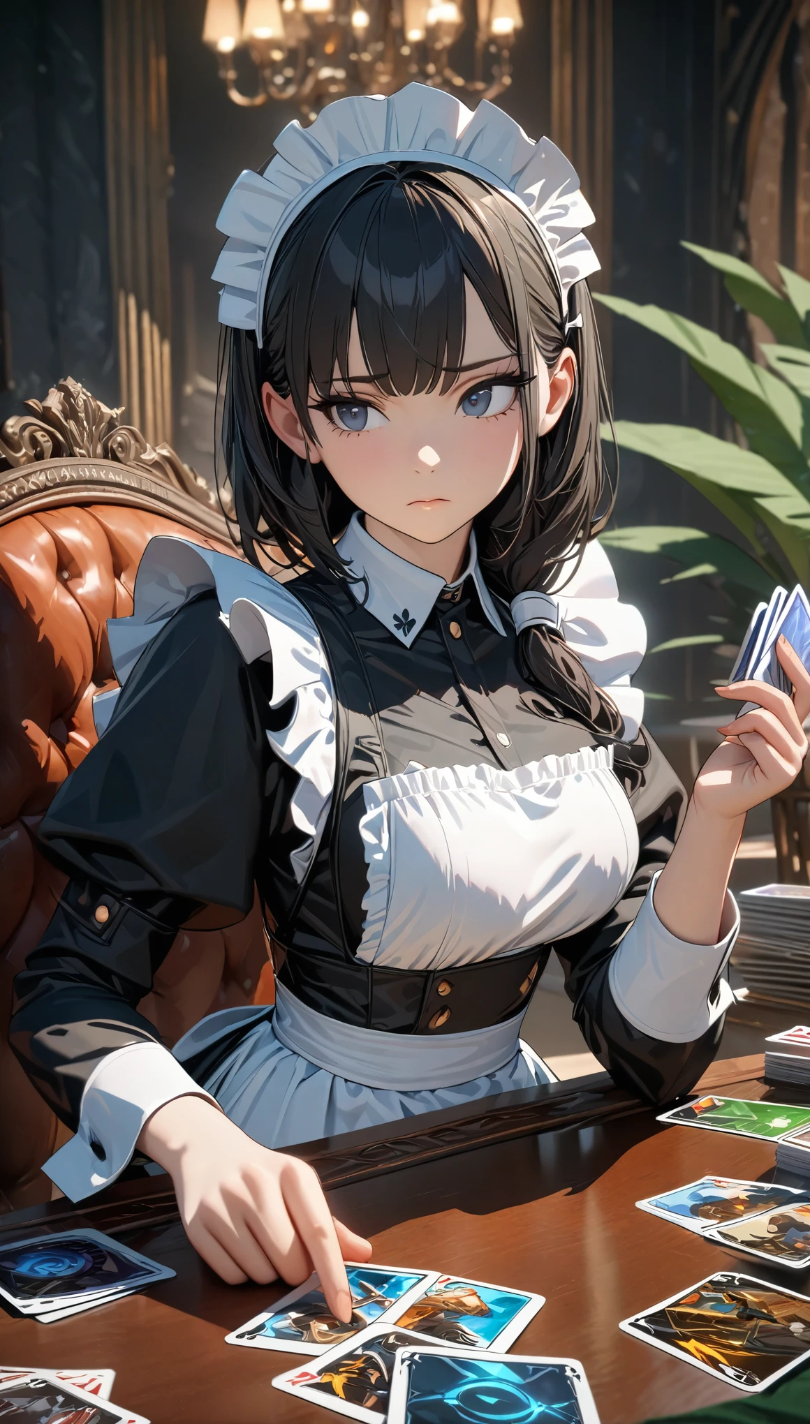 ((best quality)), ((masterpiece)), (detailed), perfect face, ((Best quality, 8k, Masterpiece: 1.3)), Sharp focus, Highly detailed face and skin texture, Detailed eyes, Maid apron, white brim, maid lady, black hair, hair over shoulder, playing Trading Card Game, playing Magic: The Gathering, (Magic: The Gathering), Staring at the card, thinking