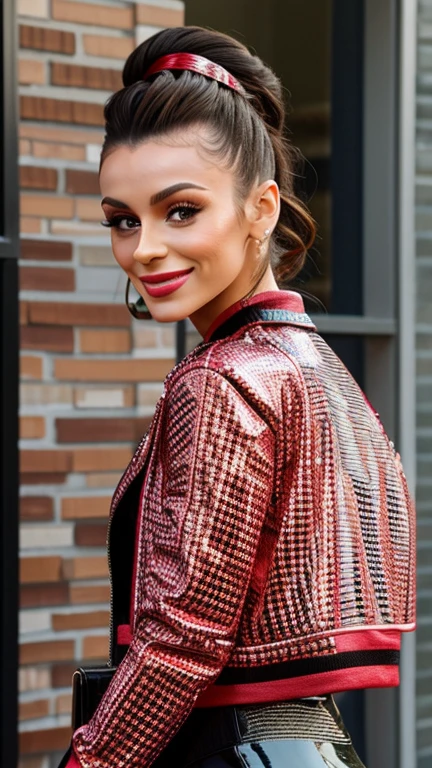 Cher Lloyd wearing sexy mosaic style clothes with lipstick and smiling