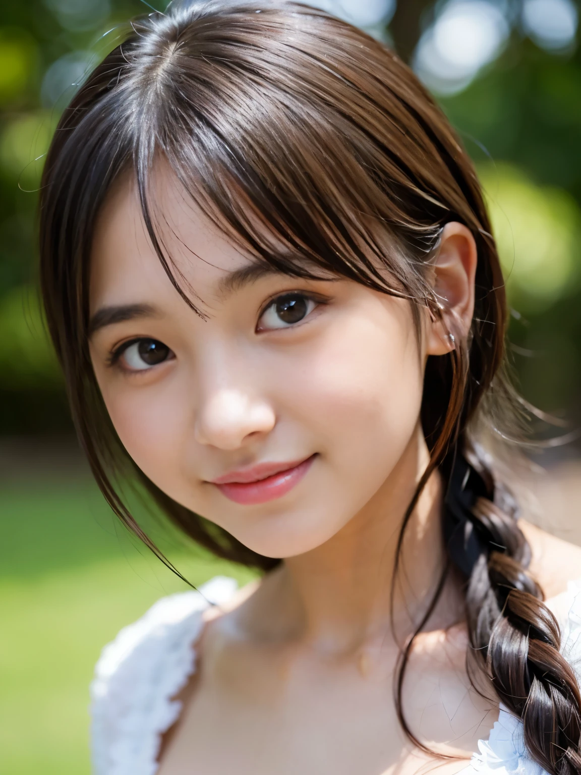 (Best-quality, Masterpiece, Ultra-High-Resolution, (Photorealistic:1.4), Raw Photo, depth of field, professional lighting), (1girl, the most famous 15-years-old Japanese-idol, innocent smile), (wearing summer-clothes), ((extremely cute face like the most popular Japanese-idol)), (((extremely cute and extremely big black-eyes))), (((extremely beautiful and extremely realistic skins))), ((extremely beautiful hair, extremely beautiful long-eyelashes, extremely beautiful lips, extremely beautiful cleavage))