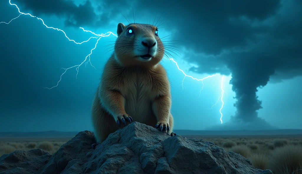 In foreground, a huge prairie dog standing on a mount, looking furiously at a tornado in the background. Blueish lightnings are striking in the background, and the prairie dog's eyes are electric blue, like the lightnings. The prairie dog looks possessed by the demon of the thunderstorm. ((Angry, possessed prairie dog))