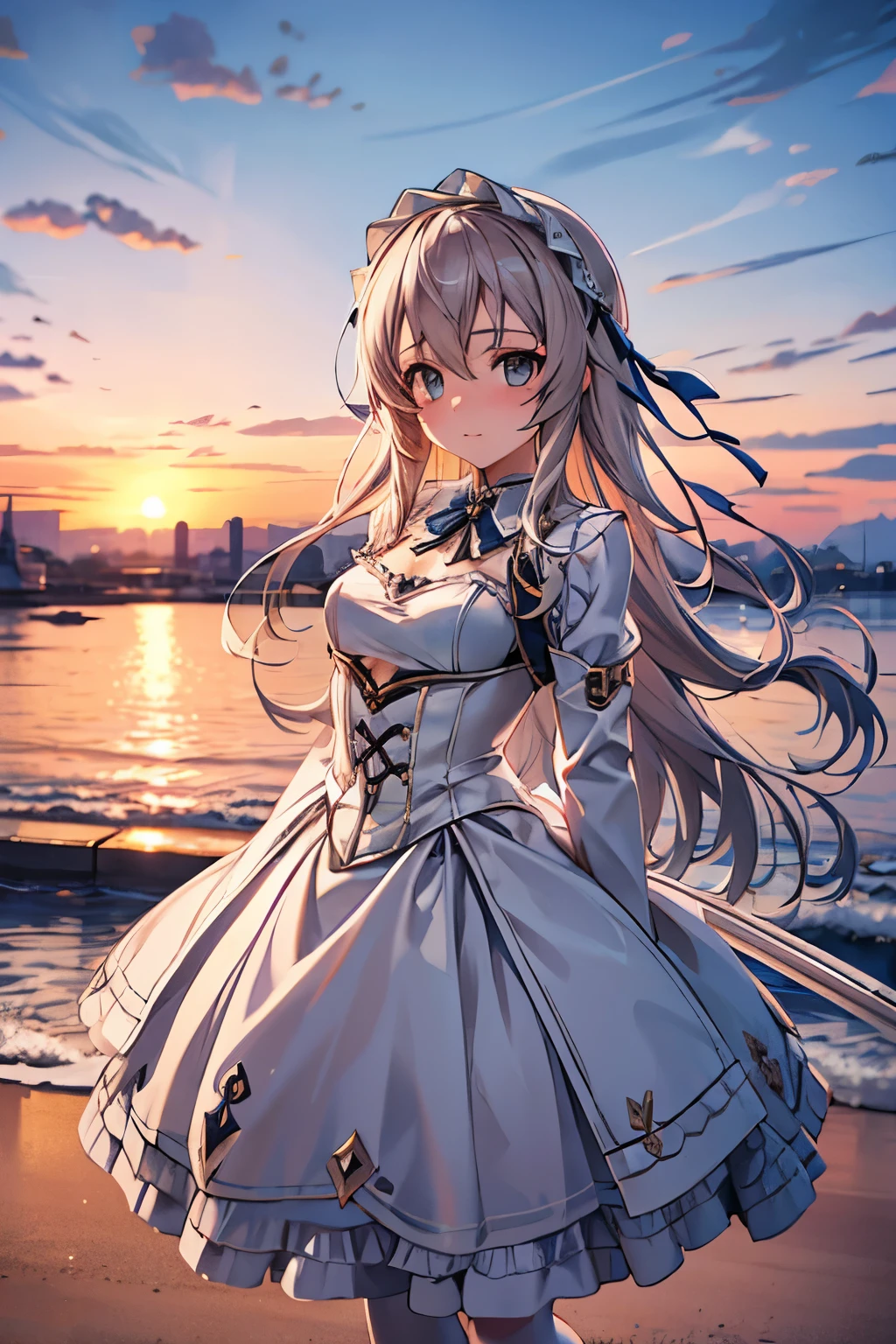 Seafront, Sunrise clouds, Long Sword Art Online, Lolita costume dress, Dynamic posture, 8K, High detail, hyper qualit, high resolution, 8k smooth, landscape shot, 8K, High detail, hyper qualit, high resolution, 8k smooth, landscape shot, super wide shot, iso-distance view