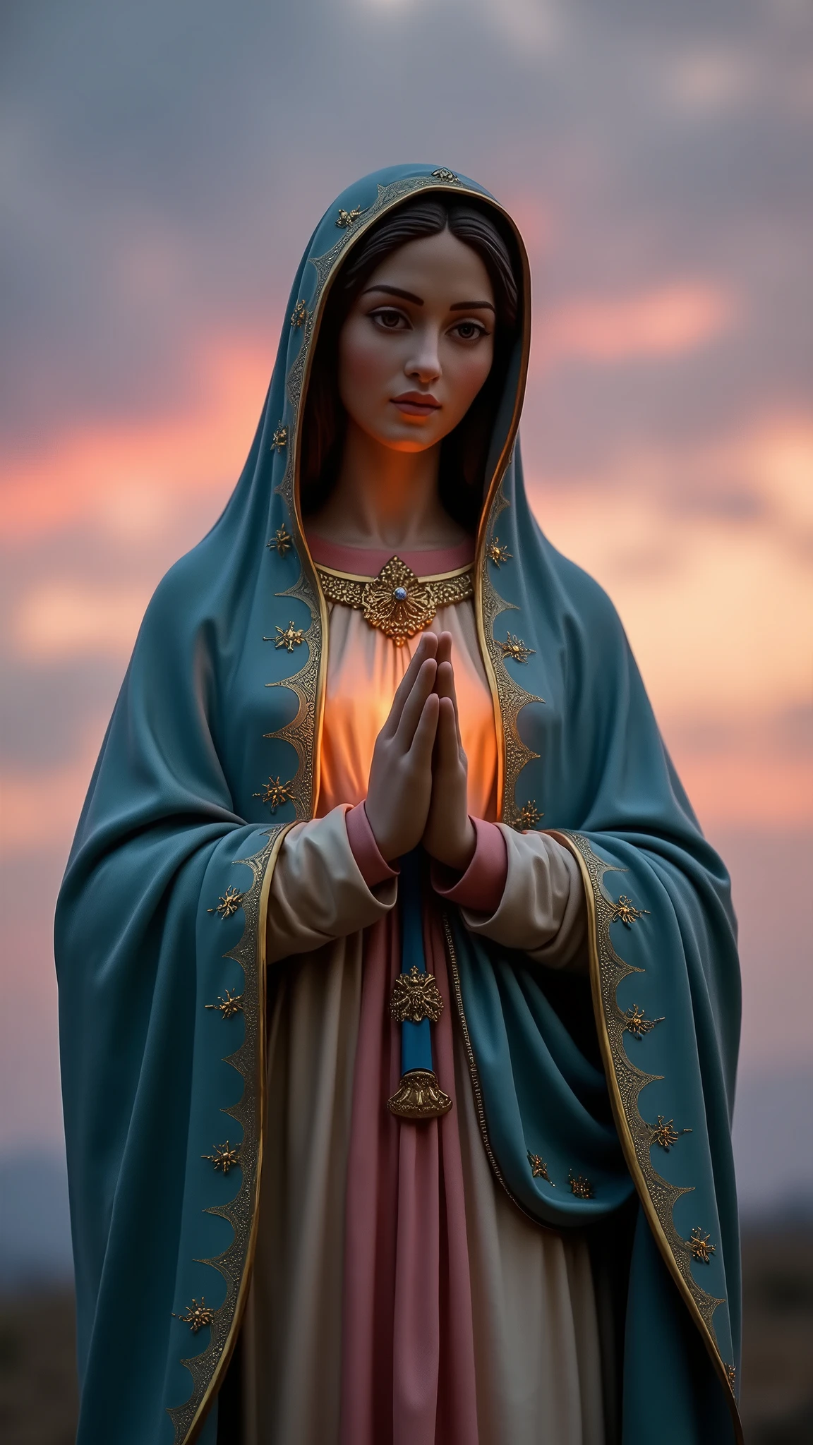 Create an ultra-realistic picture of the Holy Virgin of Guadalupe, serene face, full body, in frontal view, demonstrating tenderness, cinematic, RAW photo, 32k, 