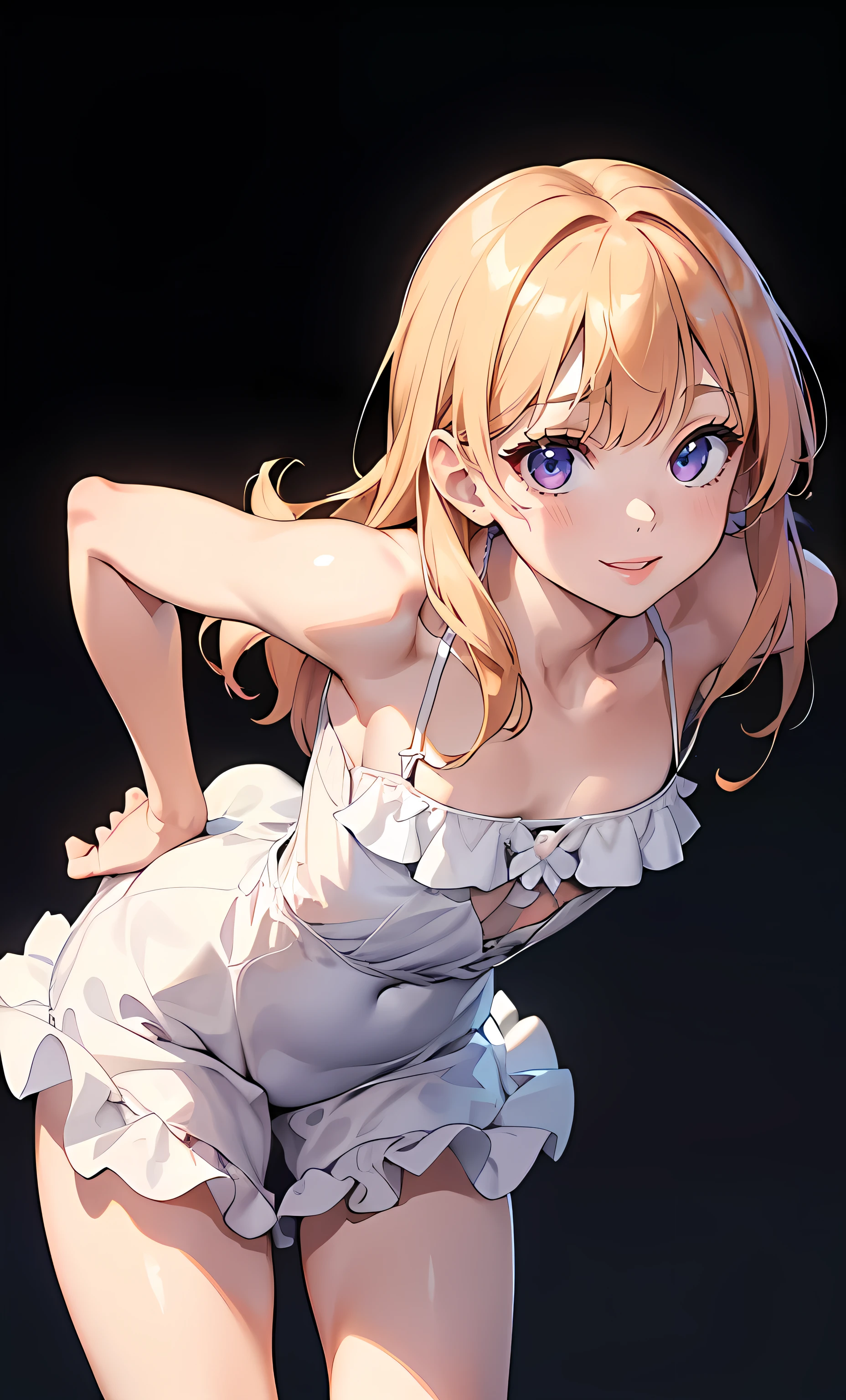 (Highest quality,4K,8k,High resolution,masterpiece:1.2),Very detailed,(Actual,Realistically,Realistically:1.37), Super high definition color, A woman wearing a frilled dress, Photo pose, A seductive smile, Attractive girl, Incredible beauty,Medium chest,Thin waist and thick hips, Hourglass Shape, Fitness Model, Rosy Cheeks, Captivating with a smile,Bokeh, Dynamic Angle, (((Leaning forward:1.2))), Close your arms, Close-up face:1.5, whole body, From below:1.2, (Correct Anatomy:1.6, Ideal body type, Right Action:1.5, Small hands)