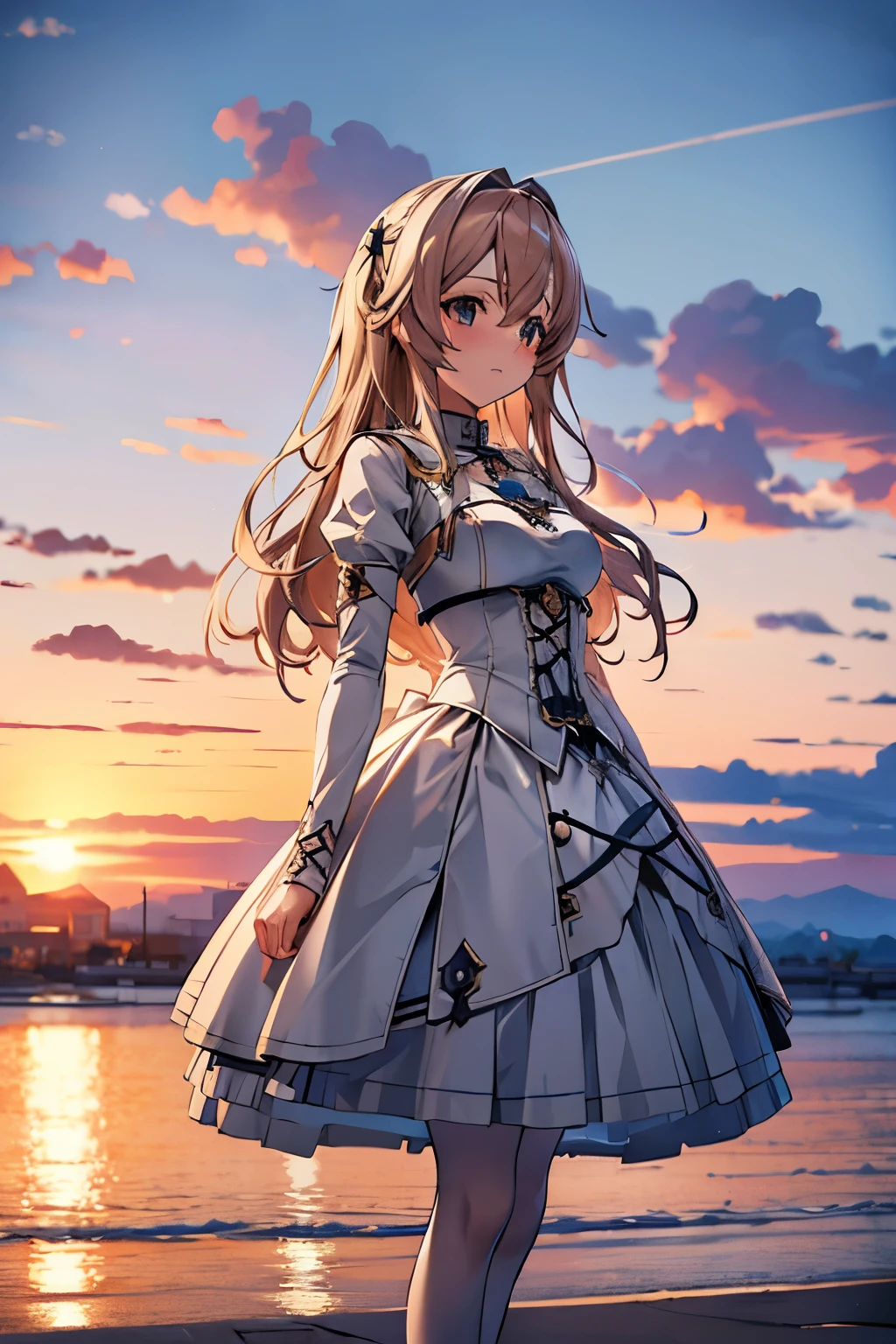 Seafront, Sunrise clouds, Long Sword Art Online, Lolita costume dress, Dynamic posture, 8K, High detail, hyper qualit, high resolution, 8k smooth, landscape shot, 8K, High detail, hyper qualit, high resolution, 8k smooth, landscape shot, super wide shot, iso-distance view