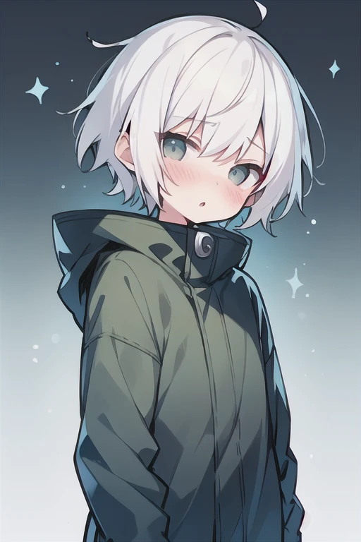 Highest quality, (high quality),eye highlights,arms are thin, thin body,face,from front,look at viewer,droopy eyes,shy,blush,open your mouth and laugh,(((chilled boy))), (1 boy),(white hair),((very short hair)),parka,