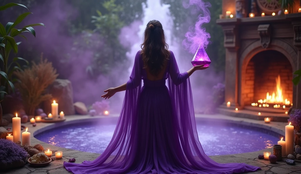 woman with a violet priestess cape facing forward energizing her home with crystals, and smudging with violet smoke and convey depth, in the background a large crystal fountain pouring water and on the other side a fireplace with violet fire, in the scene small lit candles, crystals and aromatic herbs. In her hand (with 5 perfect fingers) a crystal pyramid and in the other a bunch of smudging herbs