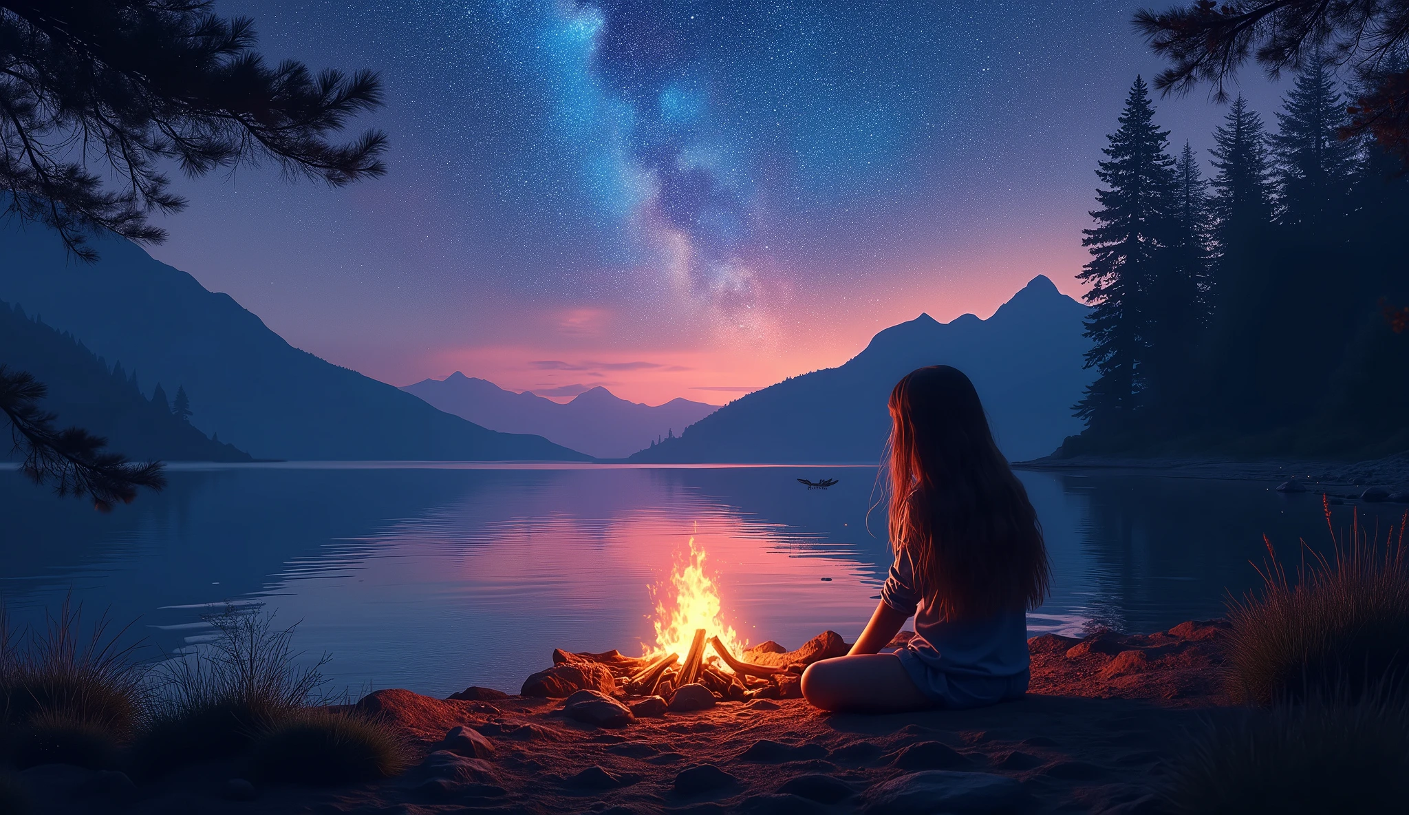 1 girl, camp fire, aesthetics, (A comely sky, silhueta de uma camp fire, The fire crackled, tent, on the coast by clear reflective waters, silhouettes of trees mountains, valleys, clear reflective water), hyperdetailed, color gradient, deep color, colors complementary, comely, Complex, Cosmic, elaborate ethereal, twilight, motion, Calm, heartfelt, faith, perfect reflection