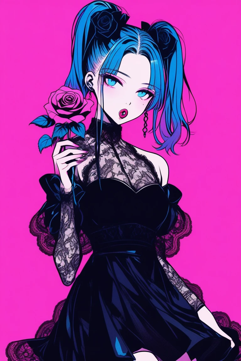 
Illustrator, anime , Realistic ,sketch , 1 person, model,Portrait, lip, A translucent gothic black mini dress with lots of lace.., order, Blue and pink gradient background, Neon-colored ponytail, Big Breasts, She is holding a single rose in her mouth.., Sexy look, Sexy pose, Texture Trim, Russia, (masterpiece,Highest quality)