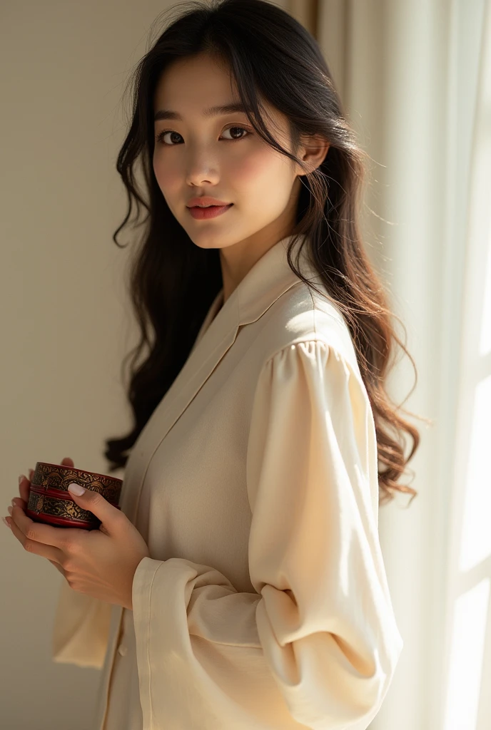 Highest quality, Face Focus, Soft Light, Ultra-high resolution,1 Japan, alone, cute, (A shy smile:0.5), (Brown eyes, Light in your eyes), Beautiful face in every detail, (Small box),(High resolution detail of human skin texture), (Long Hair), Standing posture,Lingerie,As I turned around,Swinging Hair