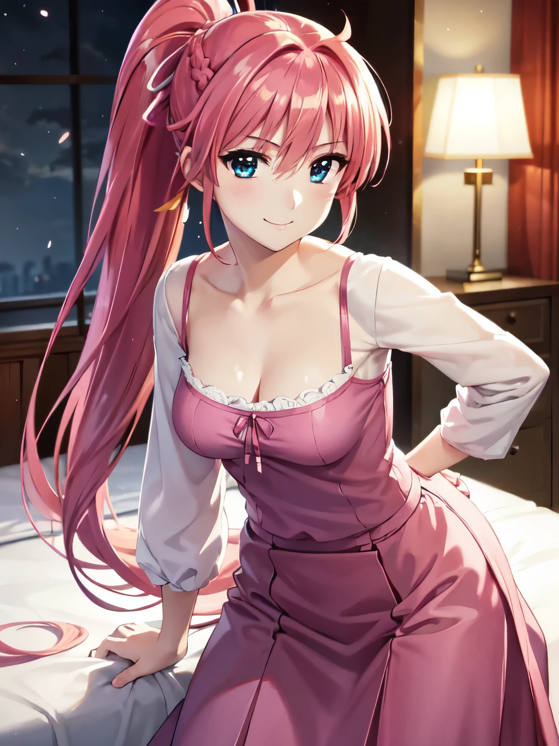 Highest quality、(Anime illustration style),Otome、Shooting from the front、High resolution、Standing、Bedroom、Bed、Signum、Pink long hair、ponytail、Beautiful pink hair、Beautiful and alluring sky blue eyes、smile、Very detailedな顔、Closed Mouth、smile、(camisole、Long skirt:1.2)、1 person、Beautiful Eyes, Sharp pupils, Sharp focus, (Very detailed, bloom, Shine)、(Genuine、Realistic、Realistic)、High resolution、超High resolution、Ultra-fine painting、Cowboy Shot、Shooting from the rear、Leaning forward