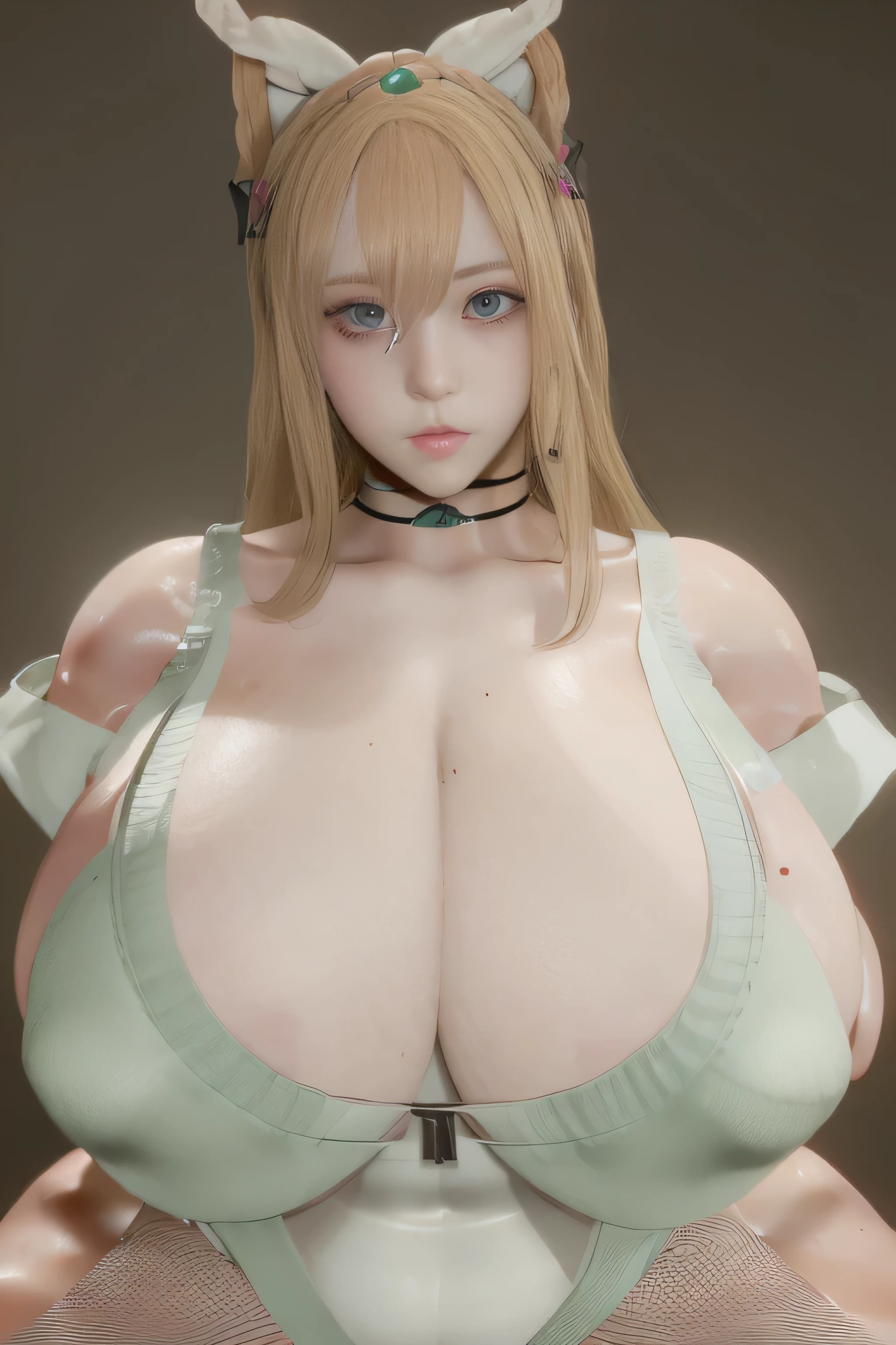 ((1 girl､)),Beautifully detailed face:1.3、Face close-up:1.6、The whole face fits in the frame:1.6、((She has a big red ribbon in her hair., She has a doll-like face...:1.6))、 ((Very large and drooping breasts:1.7))、(Emphasize cleavage､A sheer camisole with a loose fit around the chest:1.7), ((I'm looking forward to the future.:1.6))、Pink Eyeshadow:1.6、((Looking into the camera:1.3))、Very beautiful Japanese､Portrait of an idol, Brown Hair:1.7、
(RAW Photos, Highest quality), (Realistic, Realistic:1.4), (masterpiece), 
Very delicate and beautiful, Very detailed, 2k wallpaper, wonderful, finely, Very detailed CG Unity 8k 壁紙, Very detailed, High resolution, Soft Light, 
Beautiful detailed, Very detailed目と顔, Beautiful and sophisticated nose, Big beautiful eyes, Cinema Lighting, 
(Simple and solid background:1.3),
(Blonde medium hair:1.5), (Parted bangs), 
Complete Anatomy, Slender body,Very large breasts,Big Breasts､ Sensual look､Chubby､Plump face､