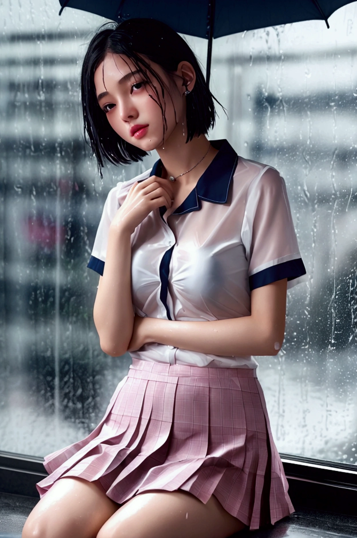 (8k, Photorealistic, Raw photo, Highest quality: 1.4),Japanese idol-style beautiful girl,1 person,(Short Bob),(Black),She has her hair tucked behind her ears,(Raindrops dripping from hair: 1.1),Clear grey eyes,Eyes moist,Long eyelashes,(piercings(small)),(Lip gloss),lips(Plump,glossy),Skin that is as white and smooth as translucent porcelain,Thin and delicate shoulders,(Open-collar shirt(White,Short sleeve)),(bra(Pink)),(Pleated skirt(Plaid)),(socks(Dark Navy)),(loafers(Black)),summer,On the way home from school,(It is raining heavily all of a sudden),(Soaked from head to toe),(Shirt wet and clinging to skin, translucent),(Raindrops are dripping down her chest.),(She is getting soaked in the rain.),(She is standing with her feet together.),(She looks out at the rainy street),(A cafe window as a backdrop),(Oblique side view),(Snapshot of West Up)