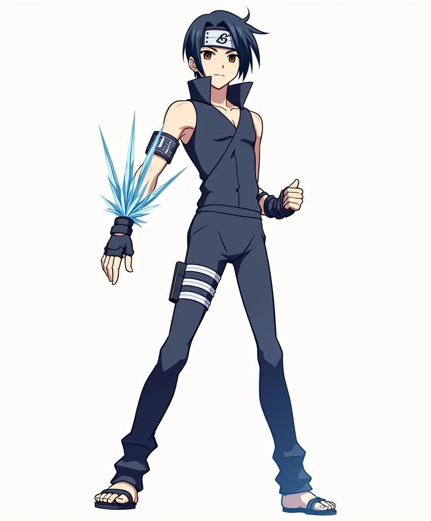 Appearance: , wearing a dark blue shinobi outfit. He has dark brown eyes and black hair with dark blue tips.
Personality: He has a calm expression, as if his feelings were closed to anyone. He is friendly, kind and enjoys reading and training his Aokasaiton Jutsus. However, his personality changes to cold and cruel when they touch on the past of the destruction of Kesshõgakure No Sato, in the Third Ninja War.
Weapons he uses: Kunais; Shurikens; Crystal Blades (which are generated on his arm)