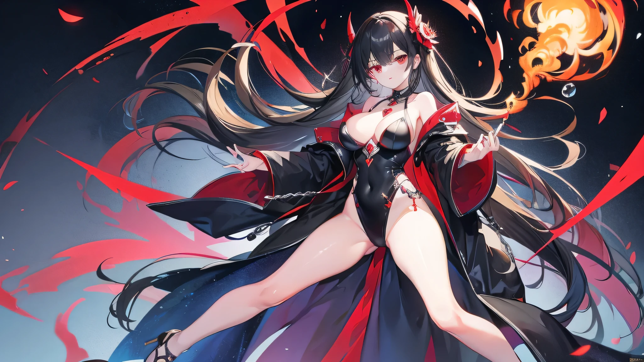 Exquisite eyes),(Clear and beautiful eyes:1.61),masterpiece, ung girl,(Black clothes and some red gems), Black long hair, (She has a huge red gem on her chest), Good Hand,((The Havoc of StarCraft)),full-body shot,Fighting Stance,(Red Eyes:1.466),short and small,(Very big breasts:1.35),(Pretty Face),(full-body shot:1.33),Beautiful hands
