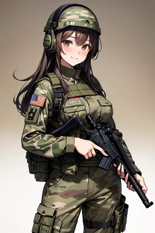 One person, High resolution, Long Hair, Gaze, smile, masterpiece, accurate, Highest quality, Ultra high definition, Large Breasts, Blushing, Simple Background, Multicam camouflage uniform、rifle、army、Plate carrier equipment、Helmet、earmuffs