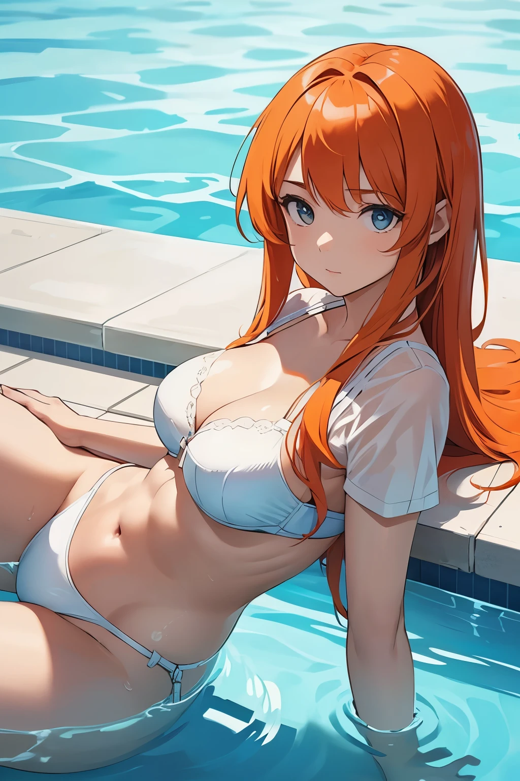 (Highest quality), (High resolution), (unity 8k wallpaper), (figure:0.8), (Beautiful attention to detail:1.6), (Highly detailed face), (Perfect lighting), (Perfect hands, Perfect Anatomy), (Soryu Asuka Langley), (Soryu Asuka Langley:1.5), blue eyes, Hair between the eyes, Orange Hair, Both sides up, (small Breasts: 1.3), skinny body, (red frilled bikini (red : 1.5), (cleavage cutout), (wet: 1.5), looking at viewer, spread legs, Cowboy Shot, pool 