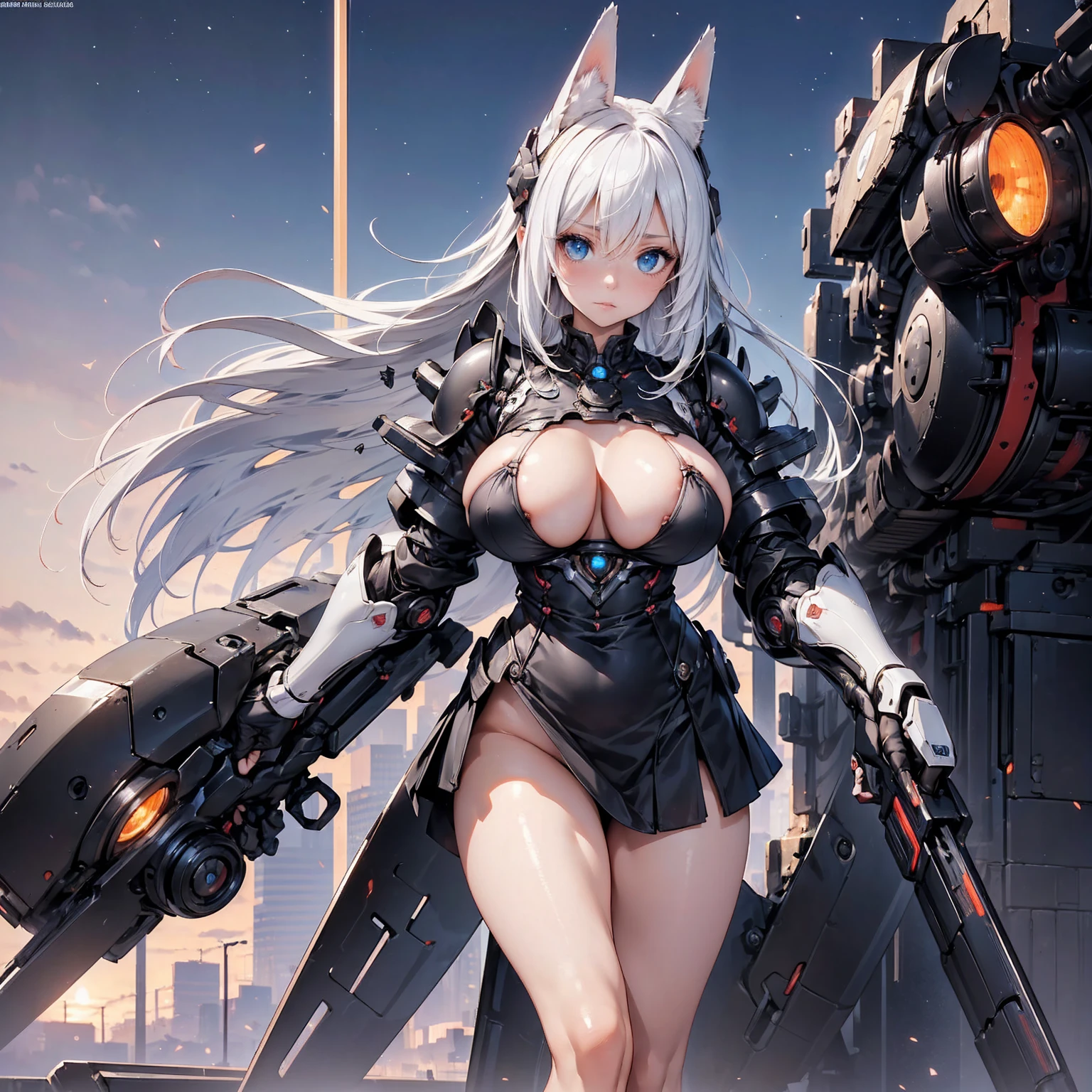 (Absurd Resolution:1.2), (ultra delicate:1.2), (masterpiece:1.2), (Photorealistic), (top-quality), (Two characters: one is a cute girl, the other is a heavily armored fox robot), super fine concept art, intricate details, hard surface, BREAK (cute 1girl), (finely detailed eyes and finely detailed face:1.2), BREAK (ultra fine-blue-cute-eyes:1.3), (Expression ultra detailed glowing Pupil), (ultra detailed Expression eyelashes), (ultra delicate Long Straight Hair white hair, hairs between eyes), (beautiful Glossy lips), BREAK (slim body and gigantic breasts:1.3), narrow waist, leggy, curvy is body without muscles, (Shiny realistic pale skin texture:1.2), precise anatomy, (4 defined fingers), (1 defined t thumb), breathtaking expression, BREAK (intricate black-Mechanical-Armor-dress, bare-Thighs:1.2), glowing energy Core, Seductive pose, BREAK (Crisp focus, eye focus:1.2), (full body shot, shoot from front, high angle shot), BREAK The two of them stand close together on the fierce battlefield, cinematic composition, vibrant colors,