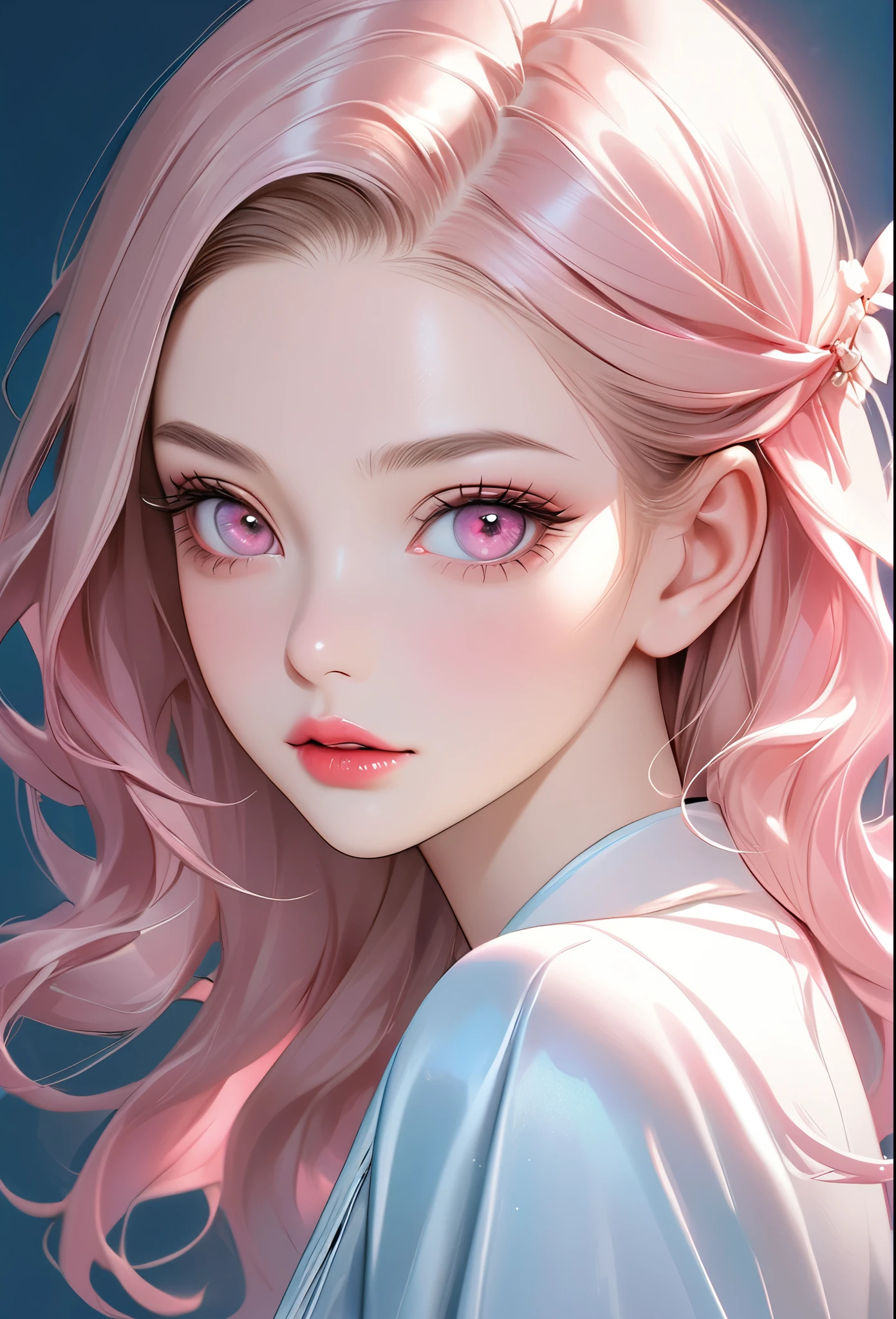 Nezuko Lomado, realistic depiction, elegant appearance, pale and shiny skin, pink eyes, full lips with lip gloss, subtle eyeliner and mascara, light blue eyeshadow, pink and light blue monochromatic color scheme, soft lighting, blue background.