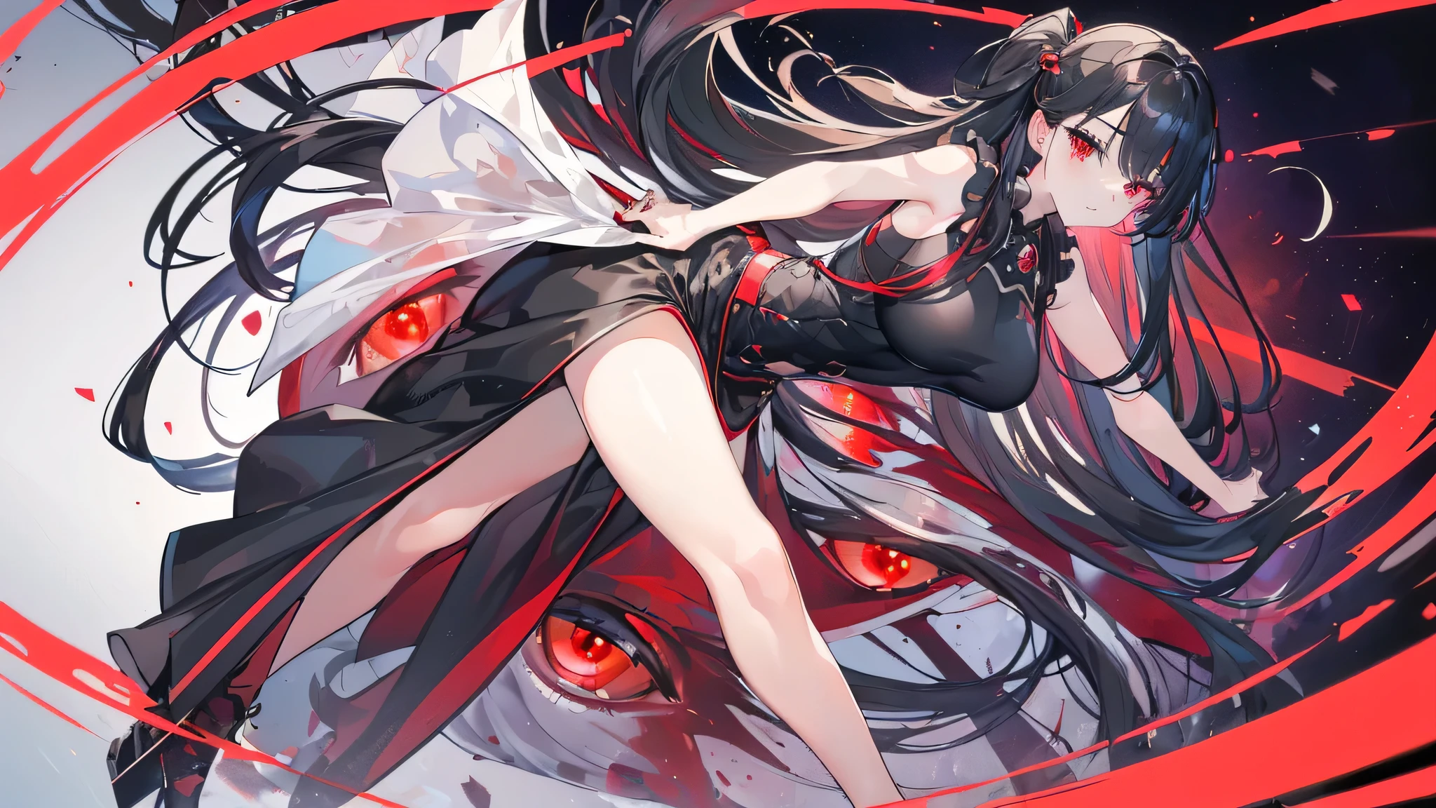 Exquisite eyes),(Clear and beautiful eyes:1.61),masterpiece, ung girl,(Black clothes and some red gems), Black long hair, (She has a huge red gem on her chest), Good Hand,((The Havoc of StarCraft)),full-body shot,Fighting Stance,(Red Eyes:1.466),short and small,(Very big breasts:1.35),(Pretty Face),(full-body shot:1.33),Beautiful hands