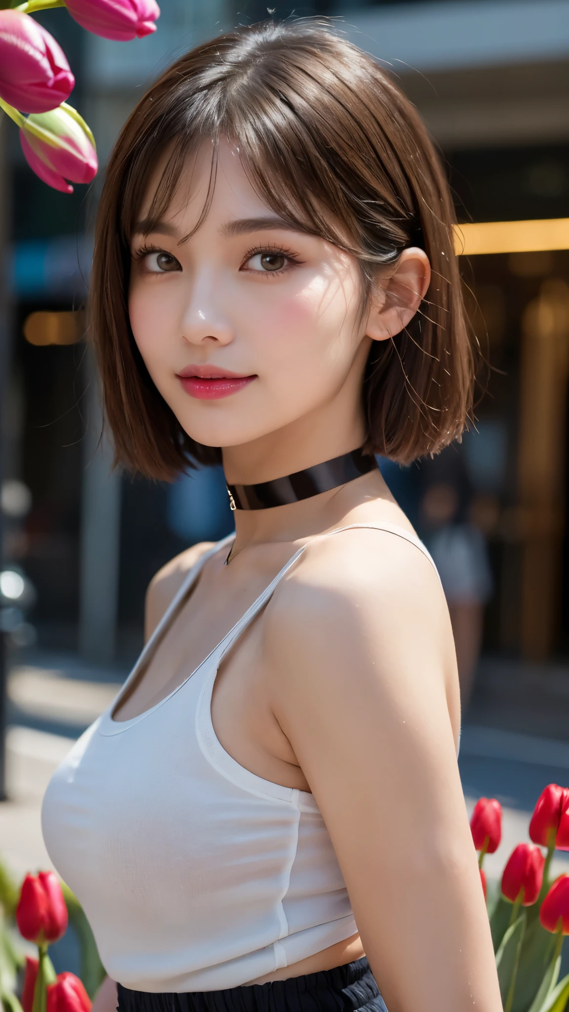 (photorealistic, 32k, RAW photo, best quality: 1.5), (masterpiece:1.3), (absurdres, attractive, ultra high resolution, ultra realistic, highly detailed, golden ratio, ultra detailed, super fucking beautiful detailed face), natural makeup, detailed cloth texture, detailed hair texture, beautiful detailed fullbody, Perfect female body, accurate, Anatomically correct, Highly detailed face and skin texture, (beautiful hands), (realistic skin), (beautiful pale skin:1.1), (Perfect dynamic composition, looking at viewer:1.3), (full body shot:1.3), ((Tank top, Tulip skirt, Choker, pin:1.4)),
BREAK,
realistic eyes, beautiful detailed eyes, symmetric eyes, Light Brown eyes, Double eyelids, Thin eyebrows, (Glossy lips:1.4), ((A face with waiting for a kiss, Shy Smile:1.2)), (blush:1.1),
BREAK,
((short hair, bob, Dark blonde hair, bangs:1.2)), (Standing on a street corner:1.2)