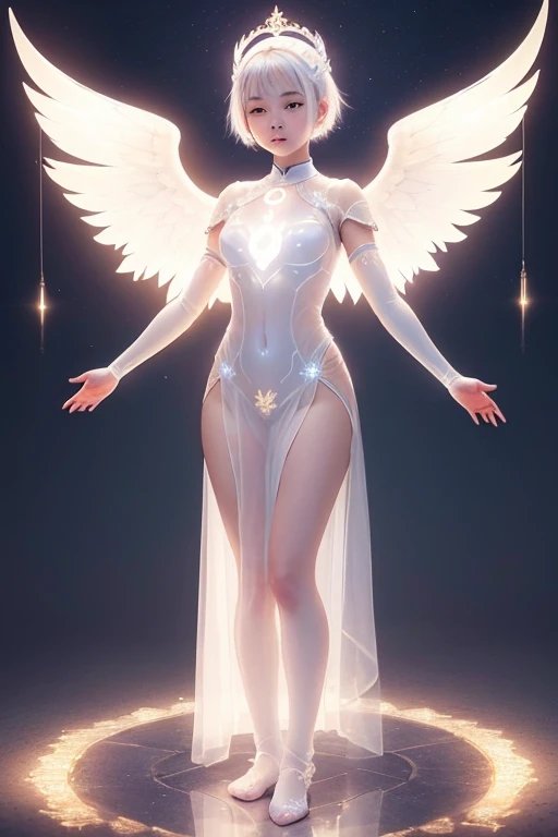 A - yr old Aianrl with lovely charminvg face,( skin texture masterpiece), (perfect full body detailed anatomy), (Super detailed), (meditating ), (glowing bright eyes white short hair，Wearing transparent costume of an angel，illuminating different lights covers the sorrounding atmosphere Has beautiful large white wings, The character solemnly praying 