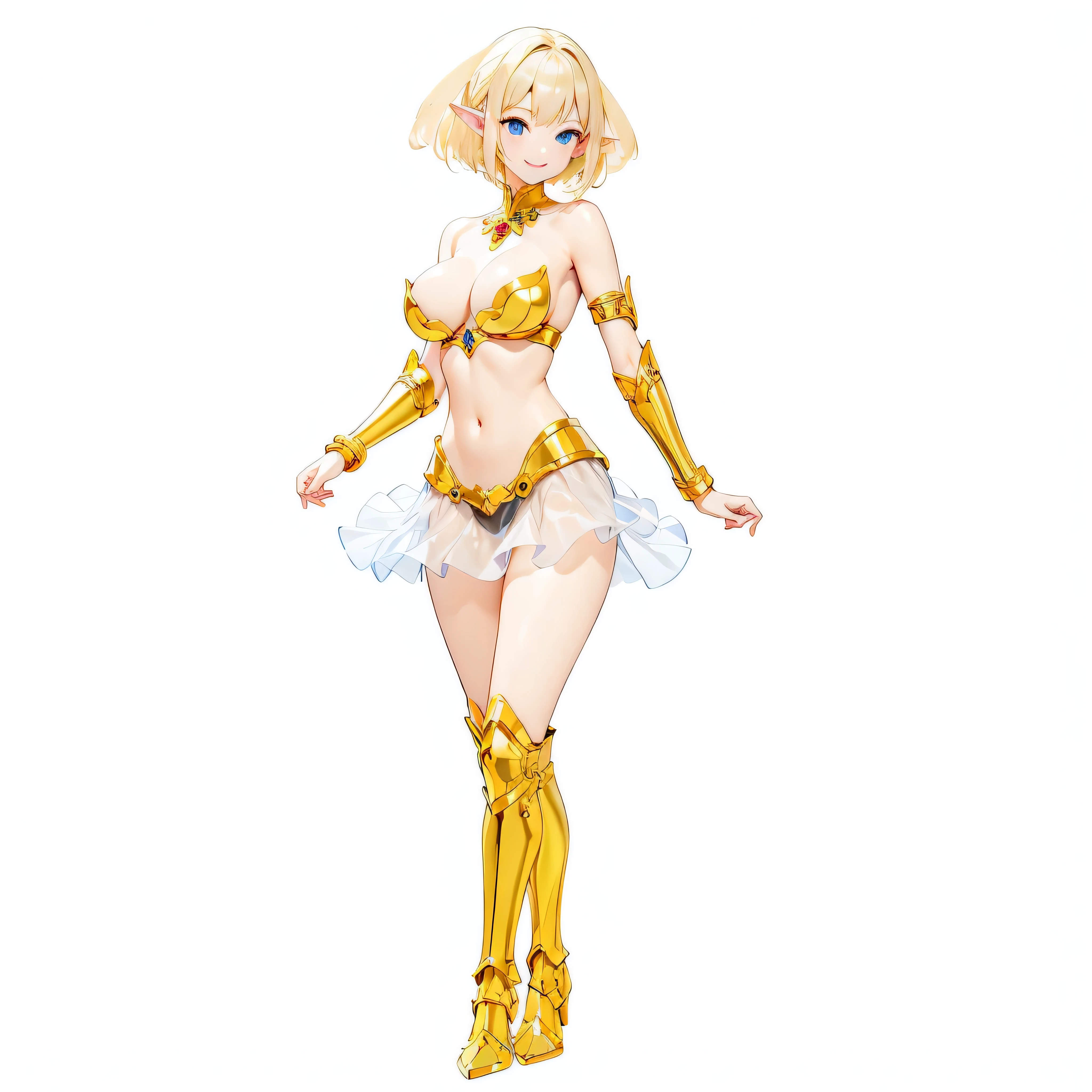 Highest quality、Very detailed、High resolution、16k、Thin contours、耳の長いElf、Nipples are visible、Shining golden armor、Gold bikini armor、Very large breasts、Extremely transparent skirt、Wearing black pants、chest proportion、Smile of the Goddess、Very white skin、Beautiful fingers、Perfect Style、Elf、No bra、Blonde hair and blue eyes、Cool smile