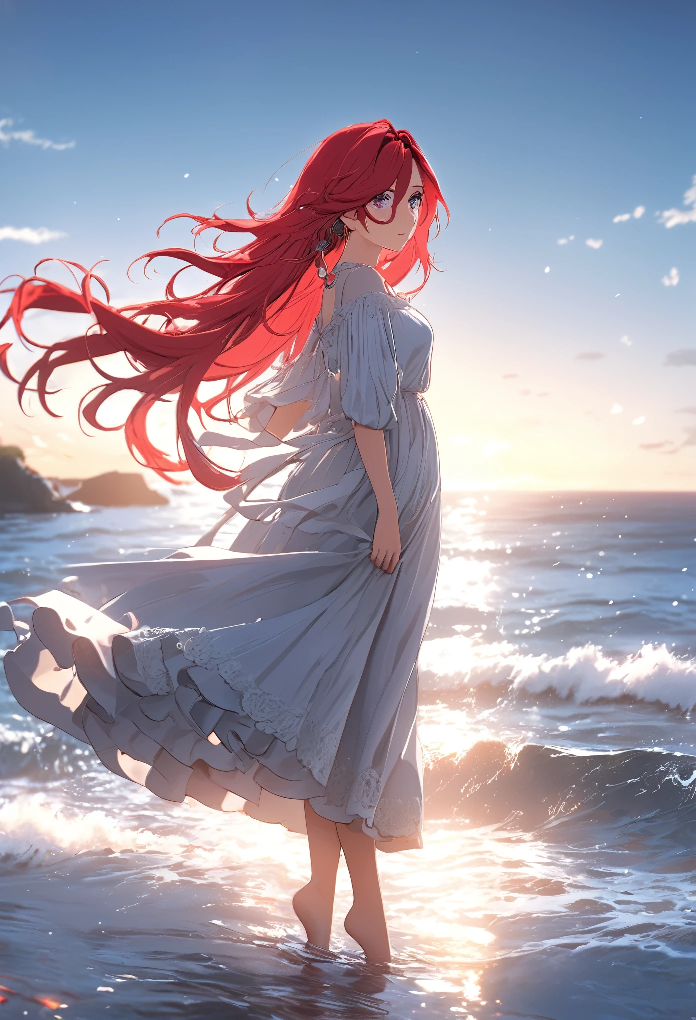 Masterpiece, best quality, 8K, high res, ultra-detailed, cinematic lighting,1girl,bright red hair,long hair, delicate ocean,seaside,jewelry eyes,full body