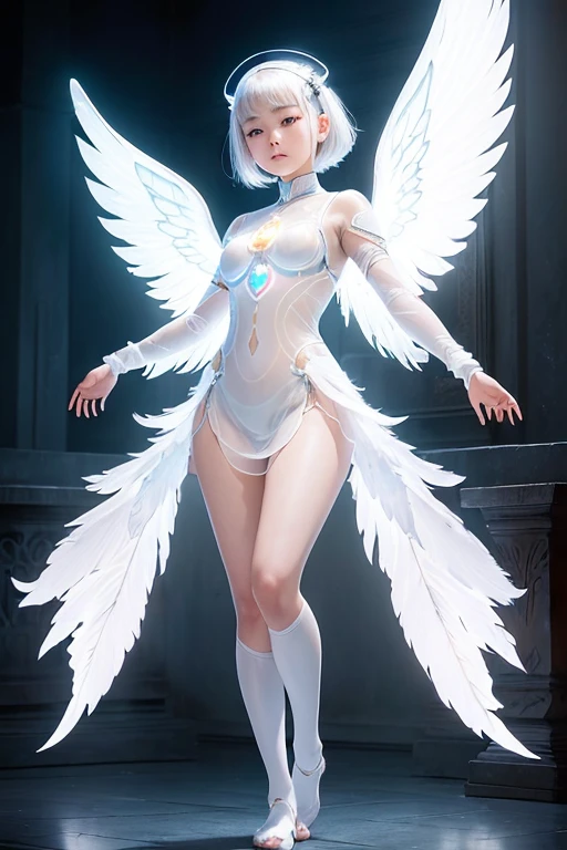 A young 15- yr old Asian girl with lovely charminvg face,( skin texture masterpiece), (perfect full body detailed anatomy), (Super detailed), (meditating ), (glowing bright eyes white short hair，Wearing transparent costume of an angel，illuminating different lights covers the sorrounding atmosphere Has beautiful large white wings, The character solemnly praying 