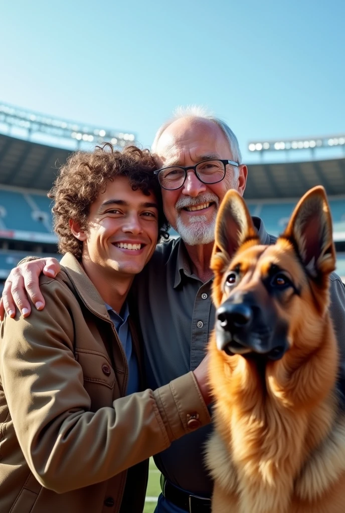 The image is a realistic family photo in which there is a 26 year old young man with brown curly hair, slightly slanted eyes, thin lips and a wide smile hugging his 70 year old grandfather who is bald on half of his head and the rest has white hair, This gentleman wears glasses to see, He has a hooked nose and his skin tone is tanned. With them there is a German Shepherd dog , It's a big, good dog, The young man is petting him. Behind them you can see a football stadium