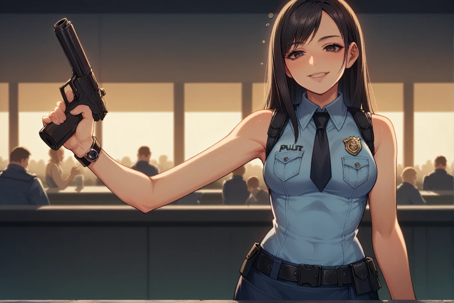 Highest quality, Very detailed,1 person, police, Adult, resident evil style, sexy police officer in uniform, Sleeveless shirt,Ultra mini skirt,belt,watch,slim, evening, Soft Light, Facial details, Drunk, Long black hair, Beautiful Skin, fringe, Pale pink lips, with a gun in hand, smile, Big black eyes, Looking at the audience, Cowboy Shot, 16K