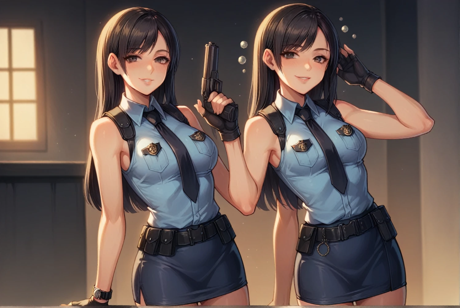  Highest quality, Very detailed,1 person, police, Adult, resident evil style, sexy police officer in uniform, Sleeveless shirt,Ultra mini skirt,belt,watch,slim, evening, Soft Light, Facial details, Drunk, Long black hair, Beautiful Skin, fringe, Pale pink lips, with a gun in hand, smile, Big black eyes, Looking at the audience, Cowboy Shot, 16K