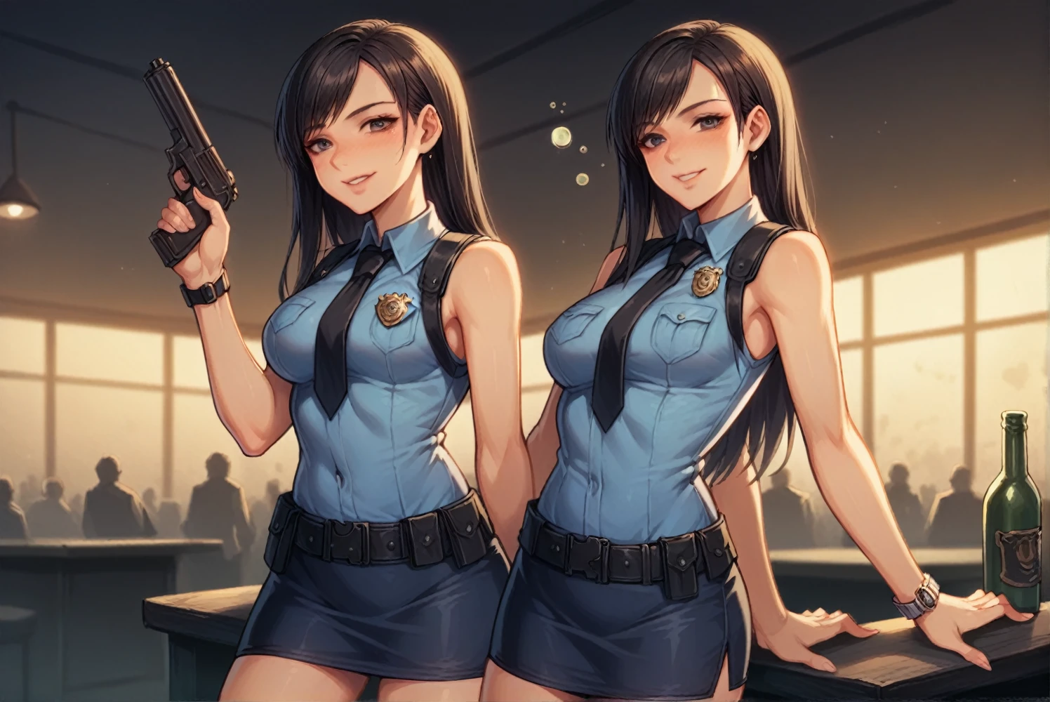 Highest quality, Very detailed,1 person, police, Adult, resident evil style, sexy police officer in uniform, Sleeveless shirt,Ultra mini skirt,belt,watch,slim, evening, Soft Light, Facial details, Drunk, Long black hair, Beautiful Skin, fringe, Pale pink lips, with a gun in hand, smile, Big black eyes, Looking at the audience, Cowboy Shot, 16K