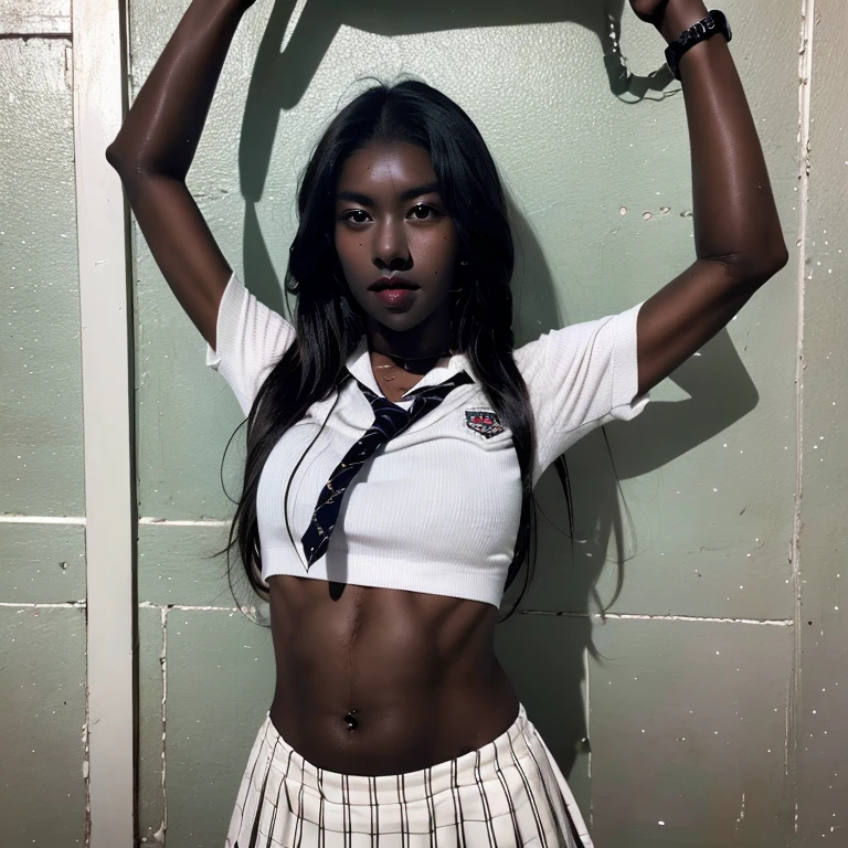 A hi-school girl、Panchira、(((( dark skin:1.35 ))))、((( arms up )))