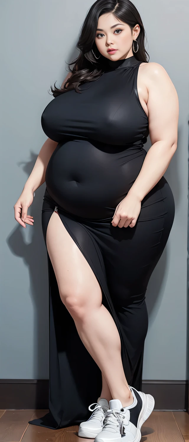 Chubby woman with fat belly and tight thighs, full body, 50-year-old mature woman, thick hips, thick neck, thick chest, big eyes, wearing a longest dress, wearing a sneakers 