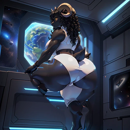 (((sfw))), masterpiece, top quality, best quality, highly detailed, 8k, super high resolution, absurdres, perfect anatomy, ((solo focus, dynamic angle)) ((butt focus, rear view, swimming, seductive gaze, posing)), ((anthro female all black goat, all black body, ram horns, hooves)), (adult), (yellow eyes), ((curly black hair, long hairstyle)), (muscular, hourglass figure, thick thighs, large breasts, bare midriff), ((white spandex turtleneck, elbow-length gloves, white spandex panties)), ((spaceship interior, zero gravity, floating, window, sci-fi machinery, space background, planet, stars))jigjiggie butt big butt butt show sco big breasts: 1.5)), Big Ass, with a huge butt水着, Blue Skin, Furry A naked girl holding a tray, feet, huge thick thighs, If the lower body is((Heavy Bat, Huge thighs, 非常にBig Ass, Huge oversized ass) Show your ass Fall down Lift your butt