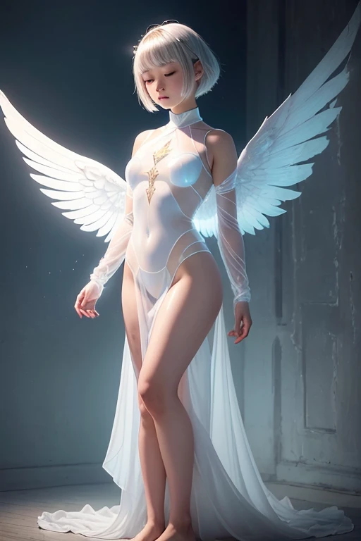 A young 15- yr old Asian girl with lovely charminvg face,( skin texture masterpiece), (perfect full body detailed anatomy), (Super detailed), (meditating ), (glowing bright eyes white short hair,Wearing transparent costume of an angel,illuminating different lights covers the sorrounding atmosphere Has beautiful large white wings, The character solemnly praying