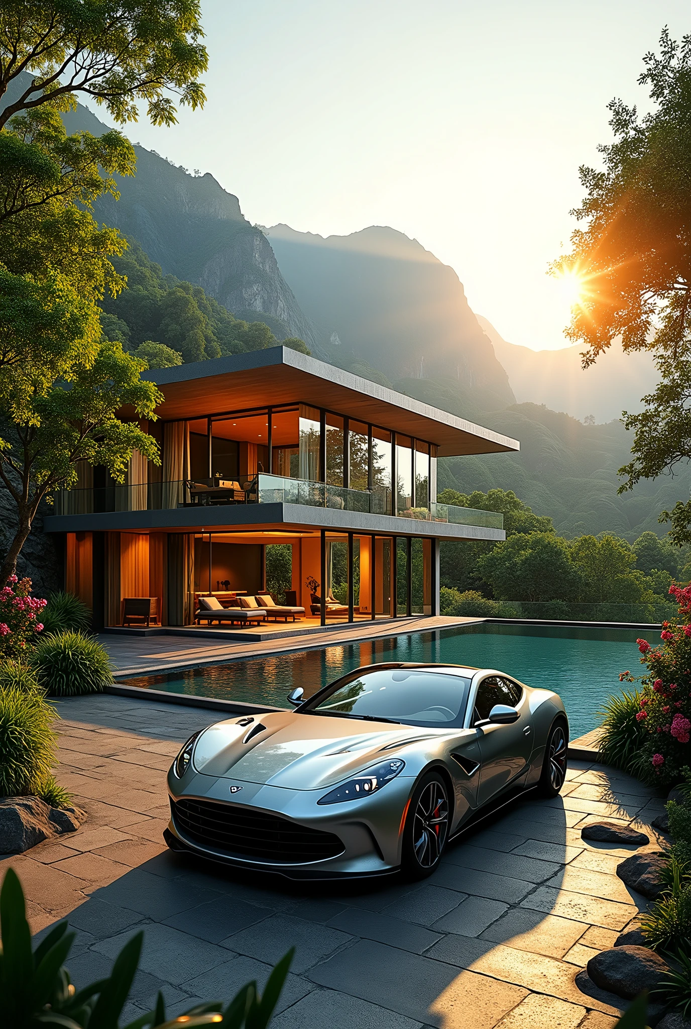 Make A Very Beautiful house With pool and a beautiful car with Mountains and  jungle and waterfalls View