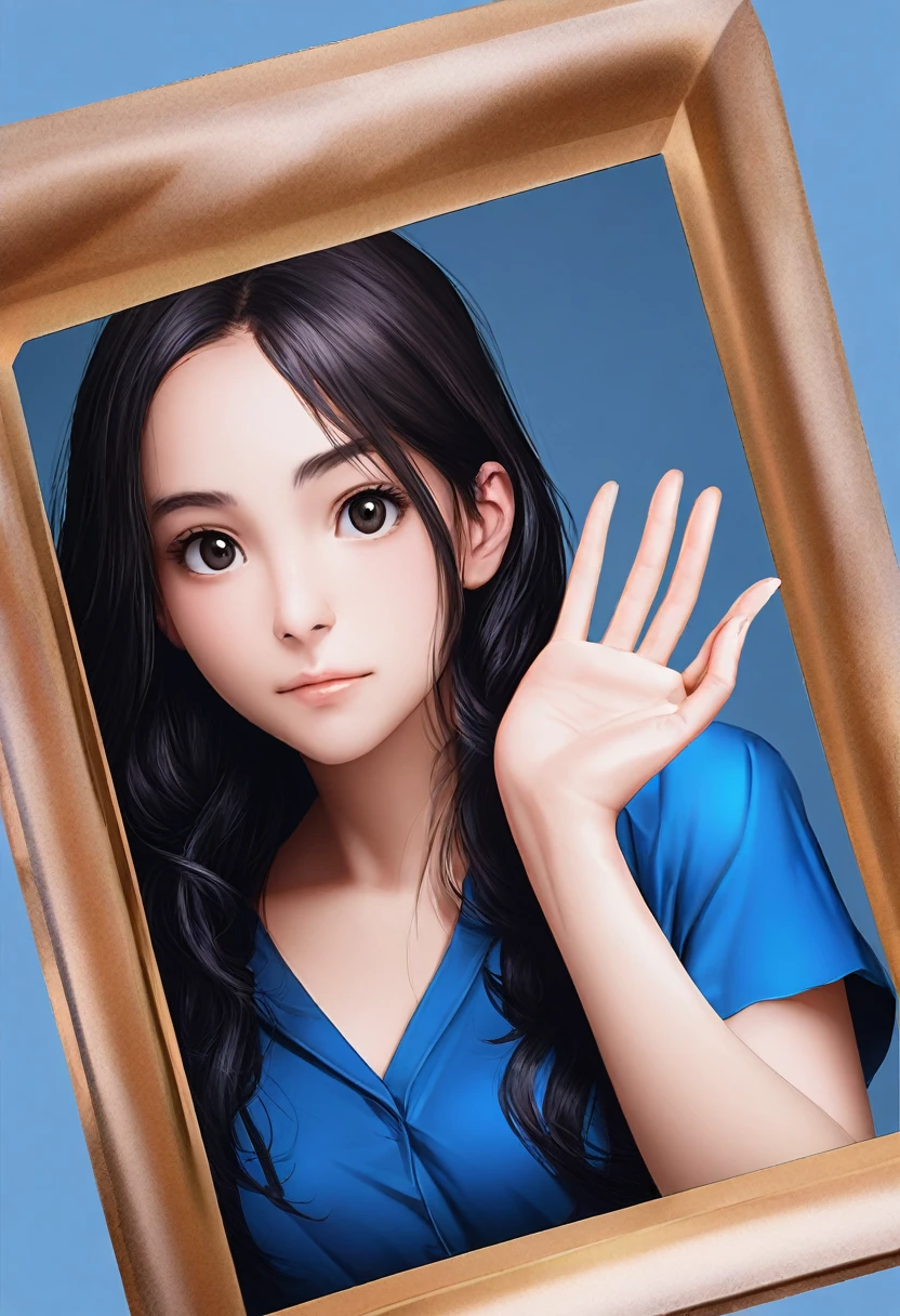 (close-up of hand:1.3),a Chinese girl in a blue shirt making a stop sign, mohamed chahin, indistinct girl with her hand up, portrait image, edu souza, hands retouched, advertising photo, head and shoulders photography, manuel sanjulianblue, with a blue background, portait image, wave a hand at the camera, commercial photo, dan dos santos