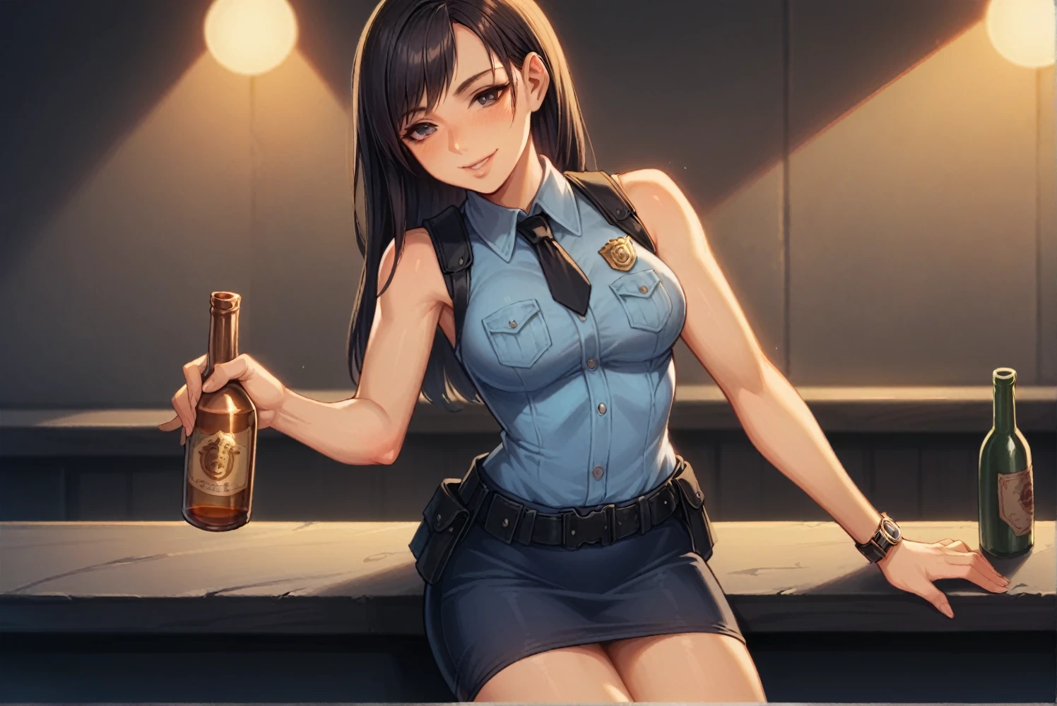  1 person, police, Adult, resident evil style, sexy police officer in uniform, Sleeveless shirt,Ultra mini skirt,belt,watch,slim, evening, Soft Light, Facial details, Drunk, Long black hair, Beautiful Skin, fringe, Pale pink lips, with alcohol in hand, smile, Big black eyes, Looking at the audience, Cowboy Shot, Ultra-high resolution,16K   