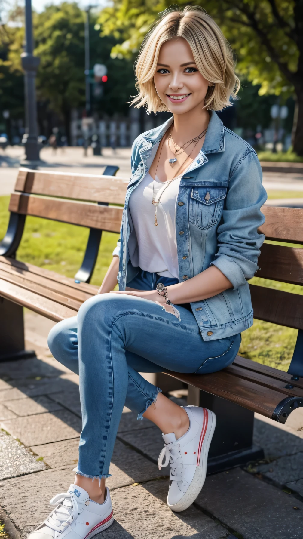 Super Resolution、Clear German woman、Full body photo、sitting on a park bench、Blonde、blue eyes、short hair、Wavy Hair、ear piercing、、necklace、Denim jacket、shirt、Skinny jeans、sneakers、smile、Beautiful teeth alignment
