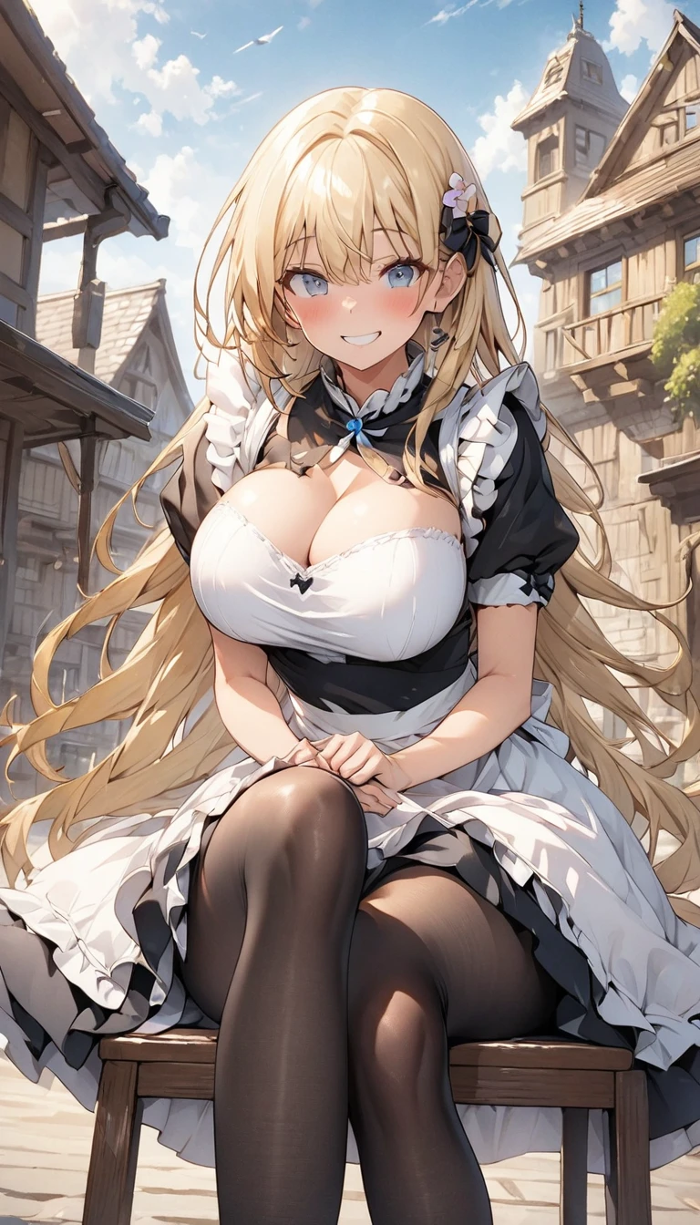 One Woman、beautiful girl、maid、20-year-old、Blonde、Very Long Hair、Western-style building、maidの、頭にmaidカチューシャ、Short skirt、Black Pantyhose、Ultra-definition image quality、Highest quality, smile,Big Breasts、Very large breasts、Sit on a chair、Crossing your legs、Crossing your legsポーズ、Poses that accentuate the chest、to laugh loudly