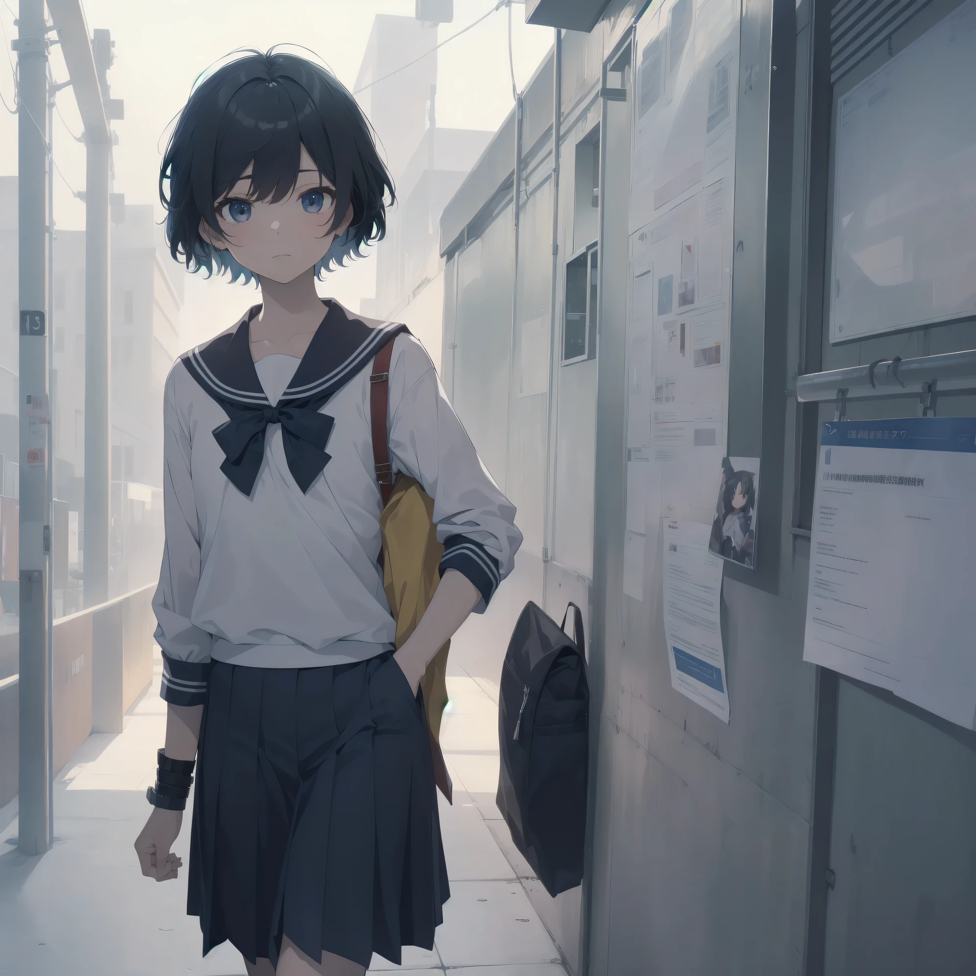 ultra-absurdres-Top quality by artist God, ultra-detailed, high resolution, anime moe artstyle, best anime 8k konachan wallpaper, pixiv contest winner, pool:2810, perfect anatomy,break, 1girl, (Please draw a girl walking sleepily to school alone. )break,(Solo,little female, 13-year-old:1.3),Full limbs, complete fingers,a junior high school student, (very short hair), short cut, flat chest, , small butt, small black eyes, beautiful detailed eyes, well-proportioned iris and pupils, expressive eyes, highres detailed hair, soft expression, salor school_uniform, sailor collar, serahuku, bow, pleated skirt,(Detailed Lighting), (Detailed background), in the School commute route. break,super detailed skin, Best cinematic lighting powered by famous artist, 8k,beauty illustration,photoshop_(medium),very aesthetic,break,((artist:rappa_(rappaya) )), artist:clamp ,artist:carnelian ,artist:kantoku ,
