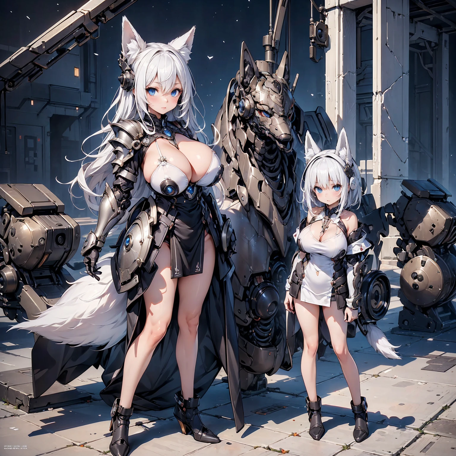 (Absurd Resolution:1.2), (ultra delicate:1.2), (masterpiece:1.2), (Photorealistic), (top-quality), (Two characters: one is a cute girl, the other is a heavily armored fox robot), super fine concept art, intricate details, hard surface, BREAK (cute 1girl), (finely detailed eyes and finely detailed face:1.2), BREAK (ultra fine-blue-cute-eyes:1.3), (Expression ultra detailed glowing Pupil), (ultra detailed Expression eyelashes), (ultra delicate Long Straight Hair white hair, hairs between eyes), (beautiful Glossy lips), BREAK (slim body and gigantic breasts:1.3), narrow waist, leggy, curvy is body without muscles, (Shiny realistic pale skin texture:1.2), precise anatomy, (4 defined fingers), (1 defined t thumb), breathtaking expression, BREAK (intricate black-Mechanical-Armor-dress, bare-Thighs:1.2), glowing energy Core, Seductive pose, BREAK (Crisp focus, eye focus:1.2), (full body shot, shoot from front, high angle shot), BREAK cinematic composition, vibrant colors, A large combat weapon is visible in the background,
