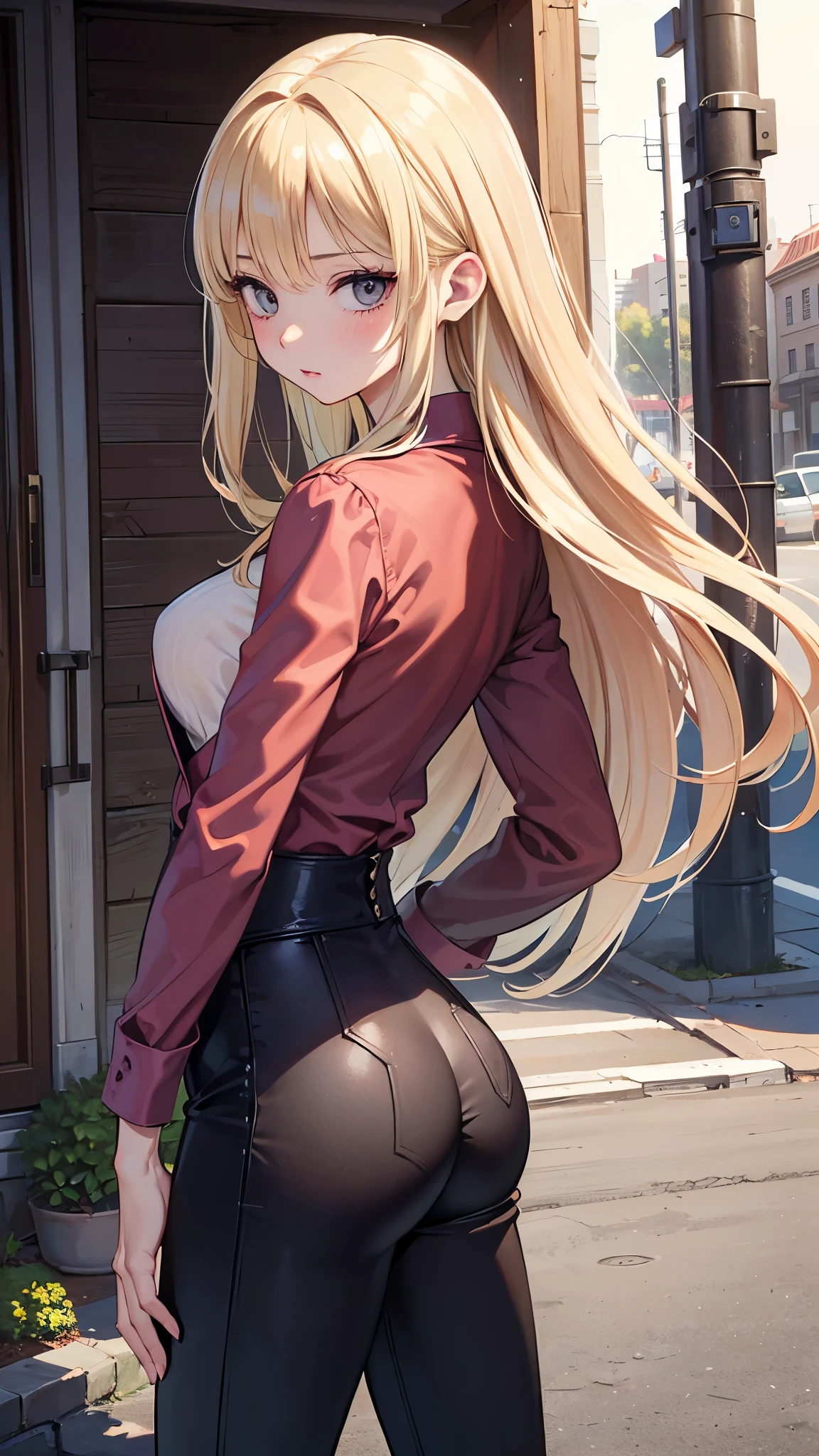 (masterpiece, 最high quality, 超High resolution, Very detailed), (Realistic:1.1, photoRealistic:1.4), Perfect illustration, Perfect lighting,Perfectly detailed hair, Perfect and exquisite face, Perfect collarbone, Perfect body,Juicy breasts, Perfect Thighs, Beautiful legs, View your audience, 1 person,Perfect Face, (Perfect Anatomy, Anatomically correct), Symmetrical face、((Shiny Hair)),Sexy Body、(masterpiece),(最high quality：1.3),8k,Very clear,(Ultra-realistic),Captivating woman,(high quality, High resolution, The finer details), Realisticなスタイルの女性,Juicy breasts、Perfect Woman、Perfect Face、Symmetrical face、Baby Face、((Big breasts))、blush、((Juicy lips))、Cowboy Shot、(((Straight blonde hair)))、((Large, double-set black eyes、Long eyelashes))、(Red Makeup)、(((shirt)))、(((High waist pants)))、((Back view、look back))、(((A toned, small bottom)))、(Healthy and well-developed body)、((Big tits jk))、(Outdoor、On the road)